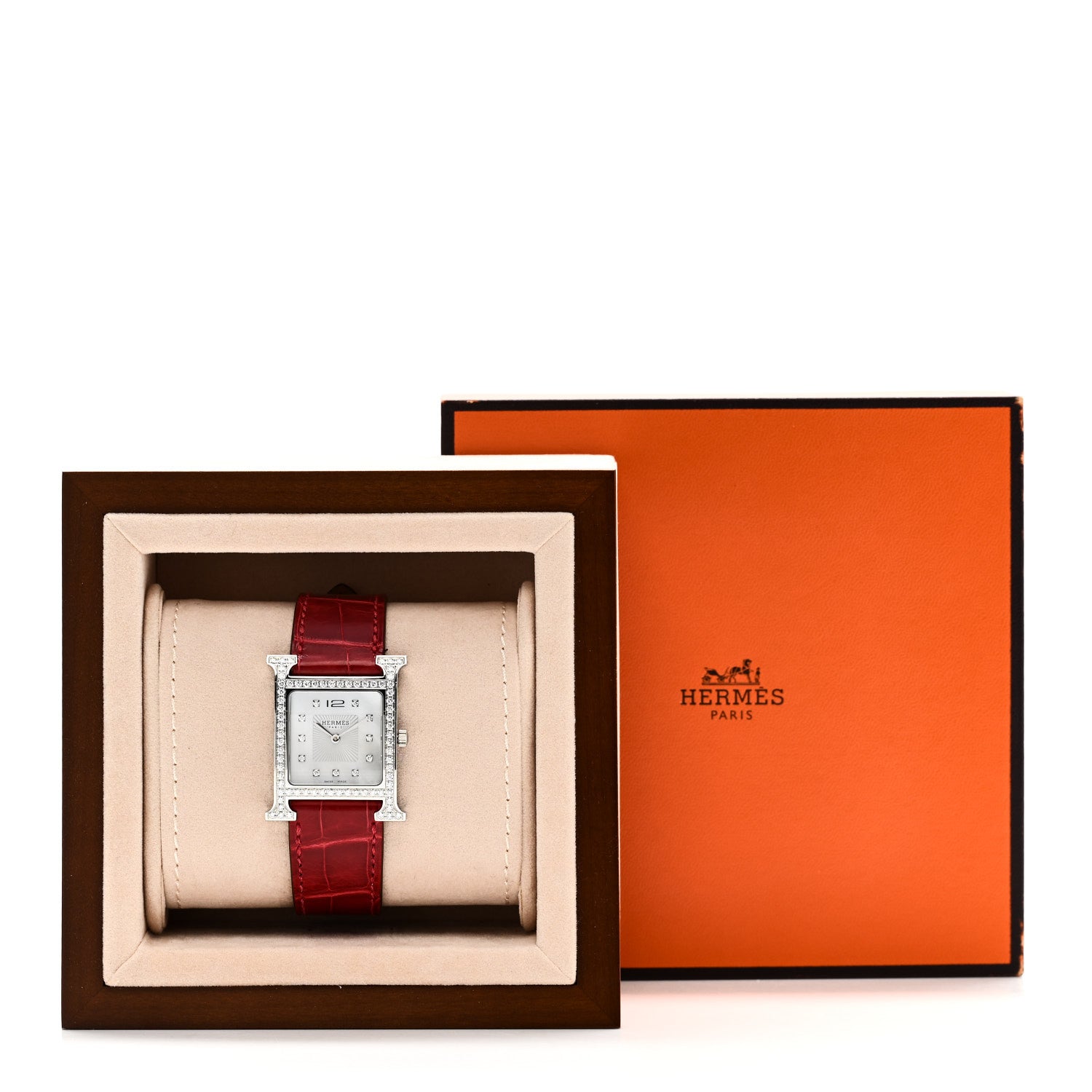 Hermes Stainless Steel Alligator Diamond Bezel Mother of Pearl 26mm Heure H Hour Quartz Watch Braise 5 of 5