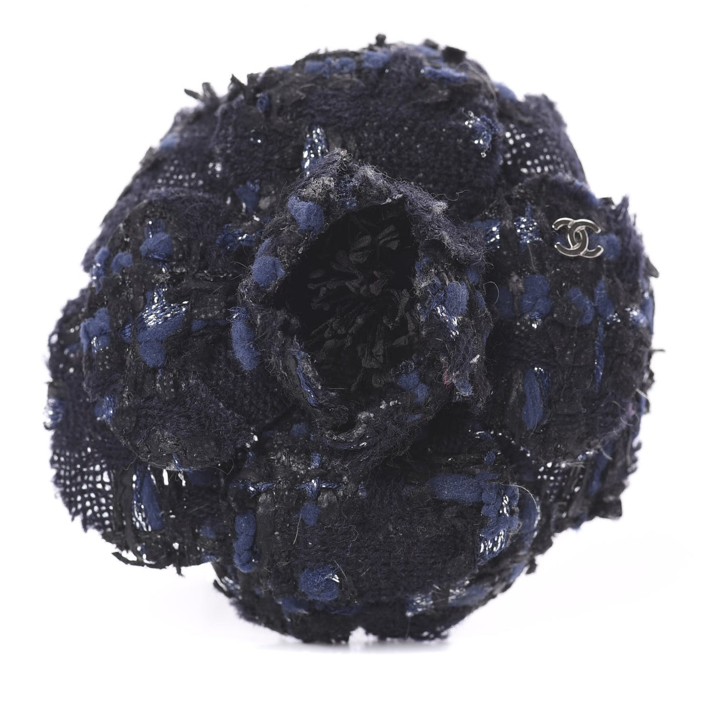 Tweed Camellia Pin Brooch Navy Blue