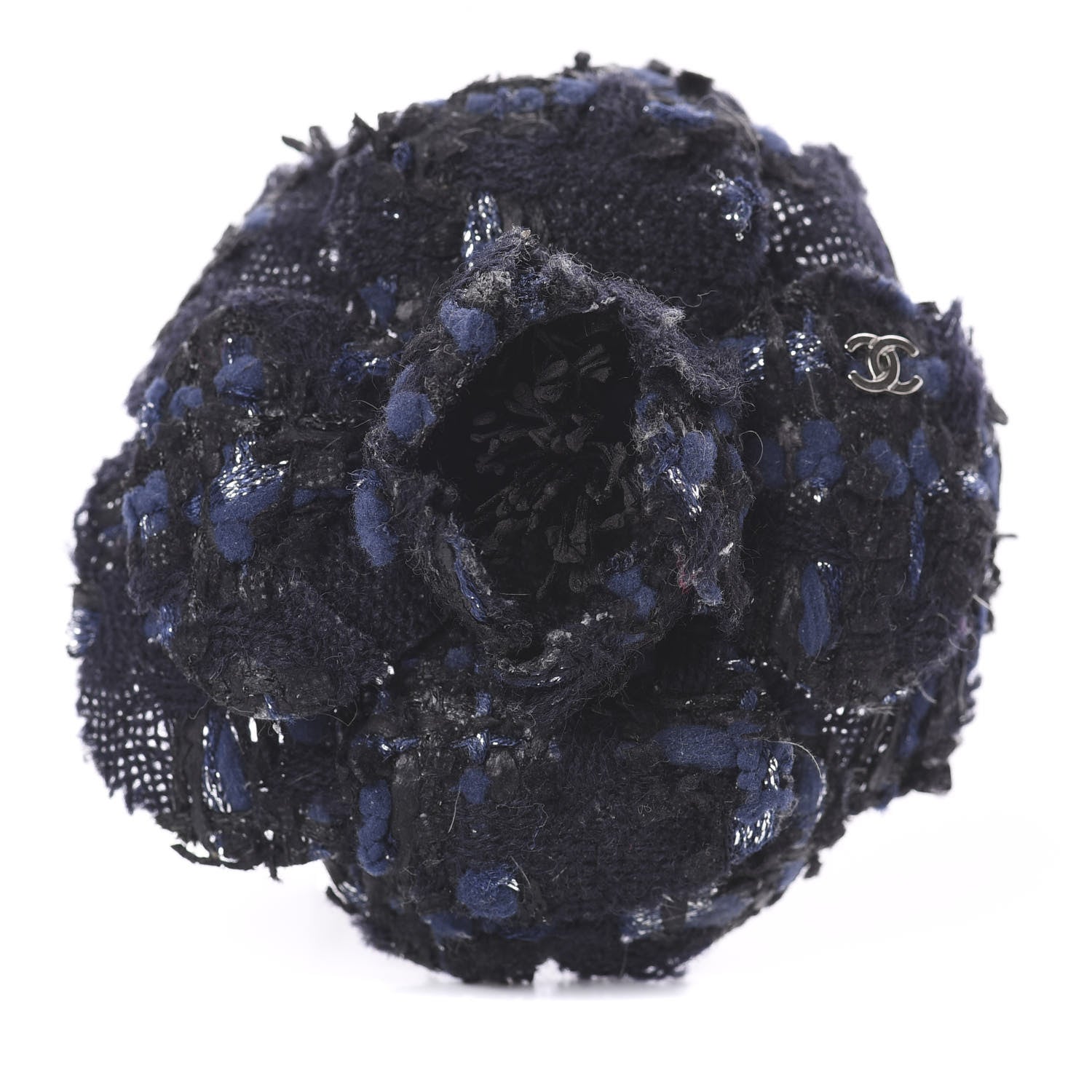 Chanel Tweed Camellia Pin Brooch Navy Blue 1 of 2