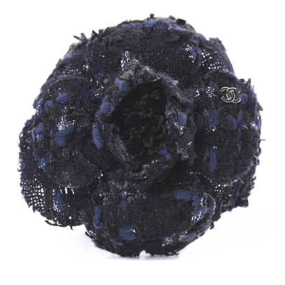Chanel Tweed Camellia Pin Brooch Navy Blue 1 of 2