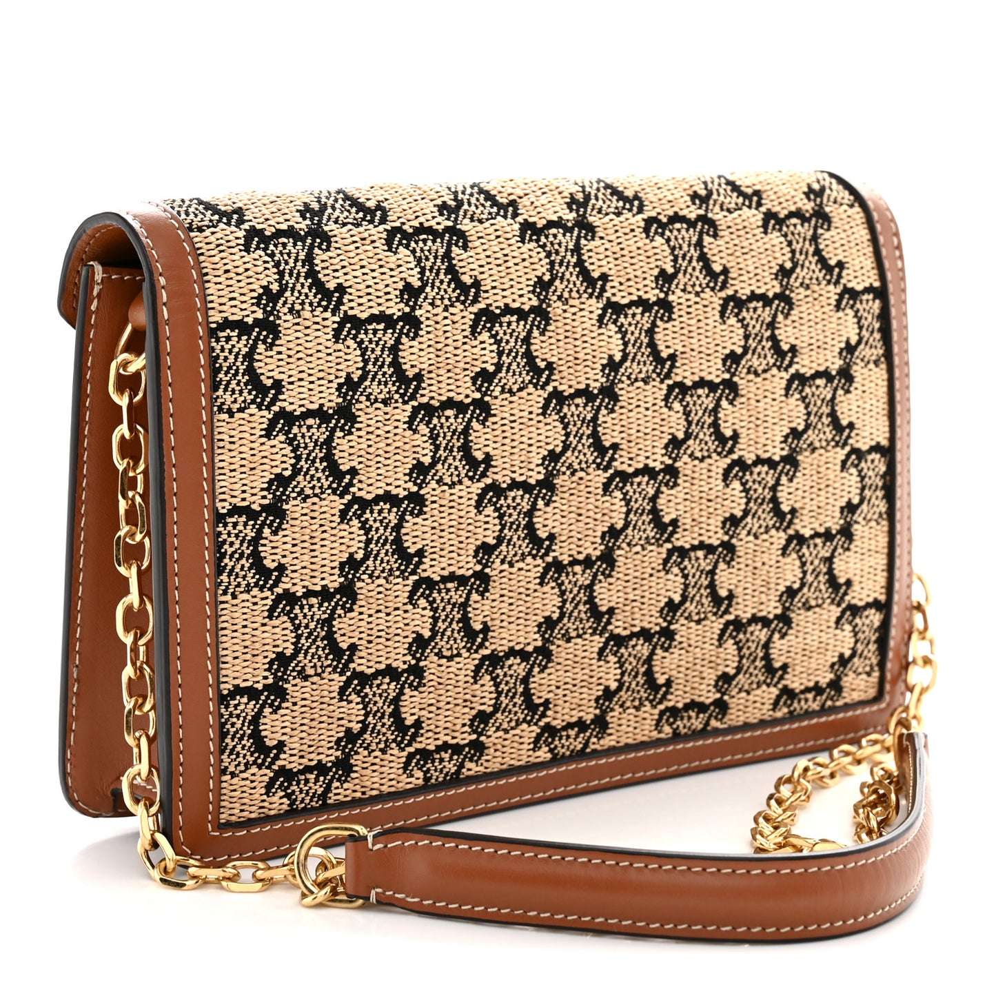 Raffia Jacquard Calfskin Triomphe Wallet on Chain Natural Tan