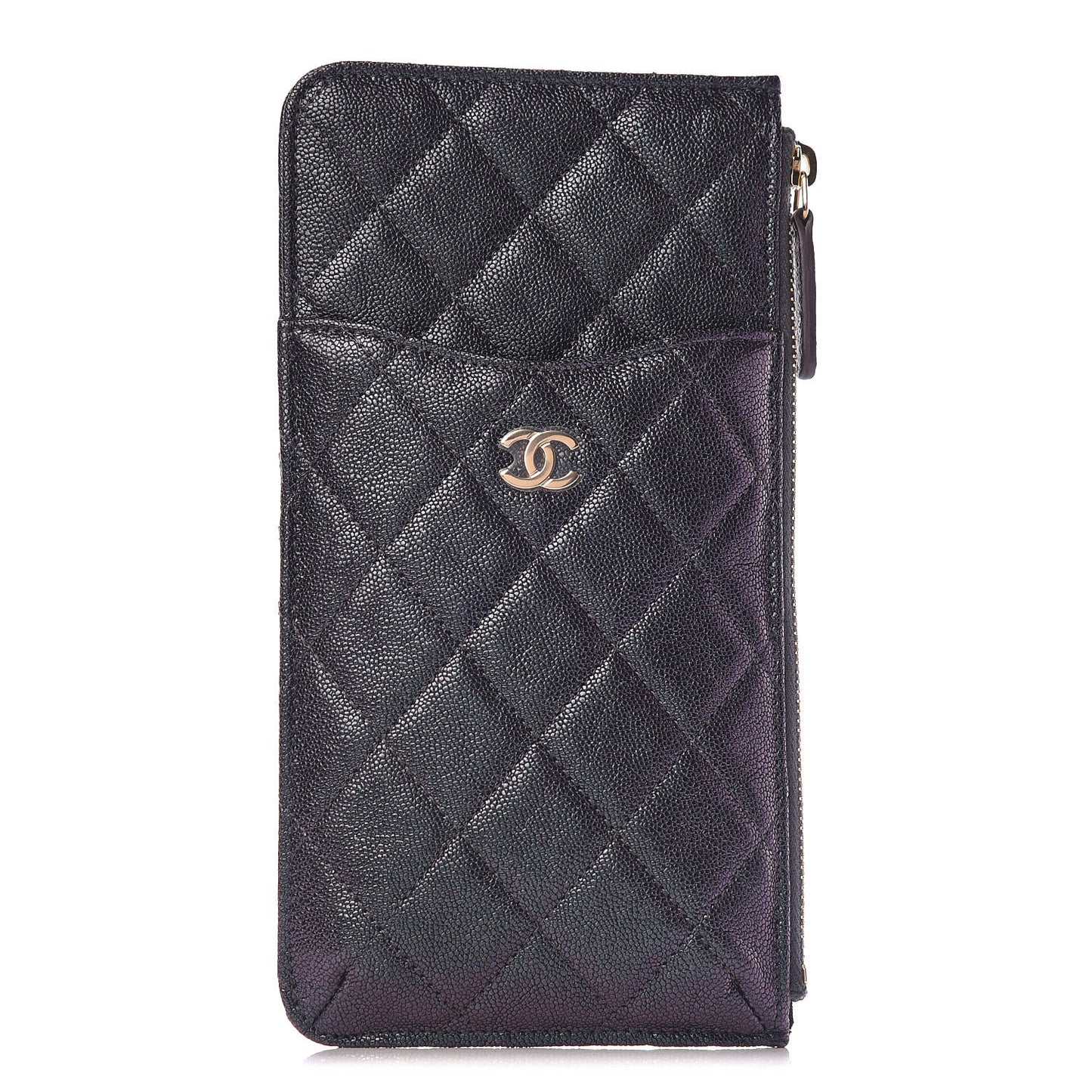 Iridescent Caviar Quilted Classic Flat Wallet Pouch Black