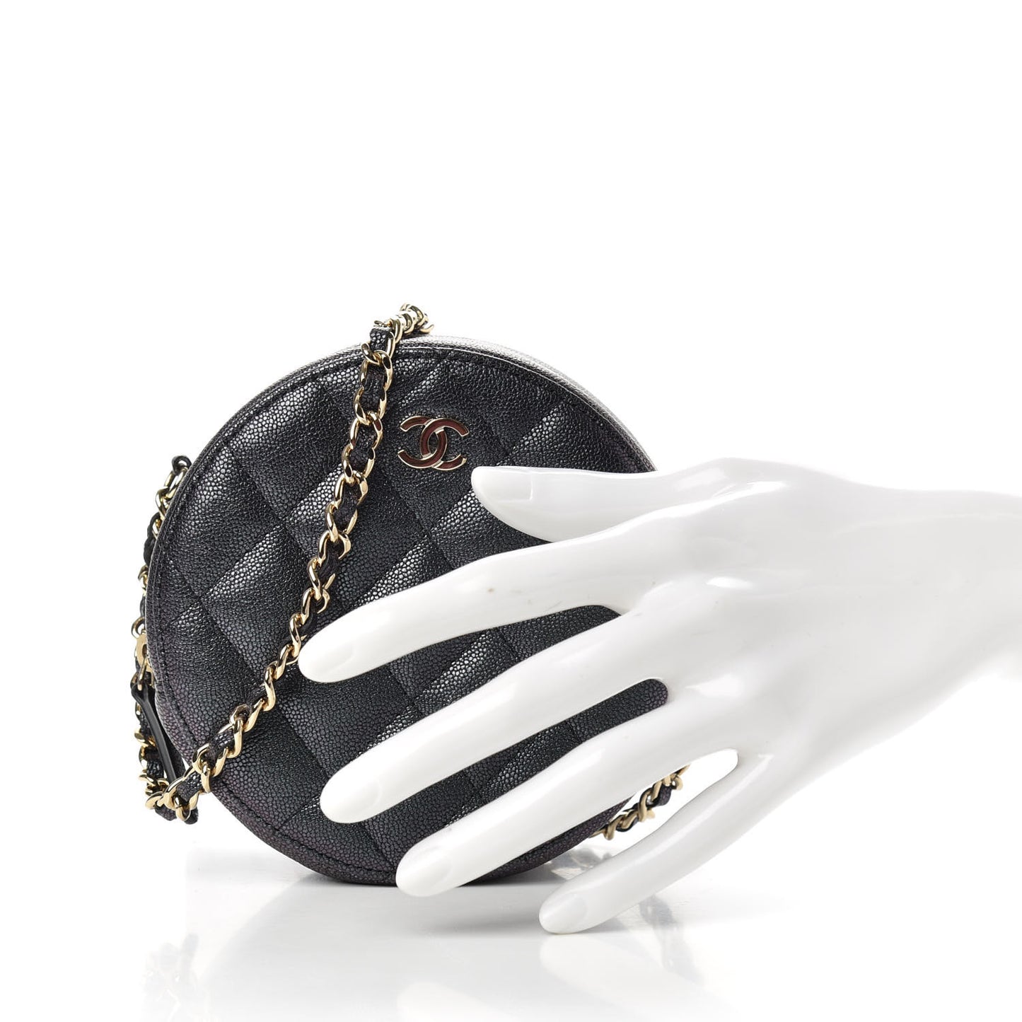 Iridescent Caviar Quilted Round Clutch With Chain Black