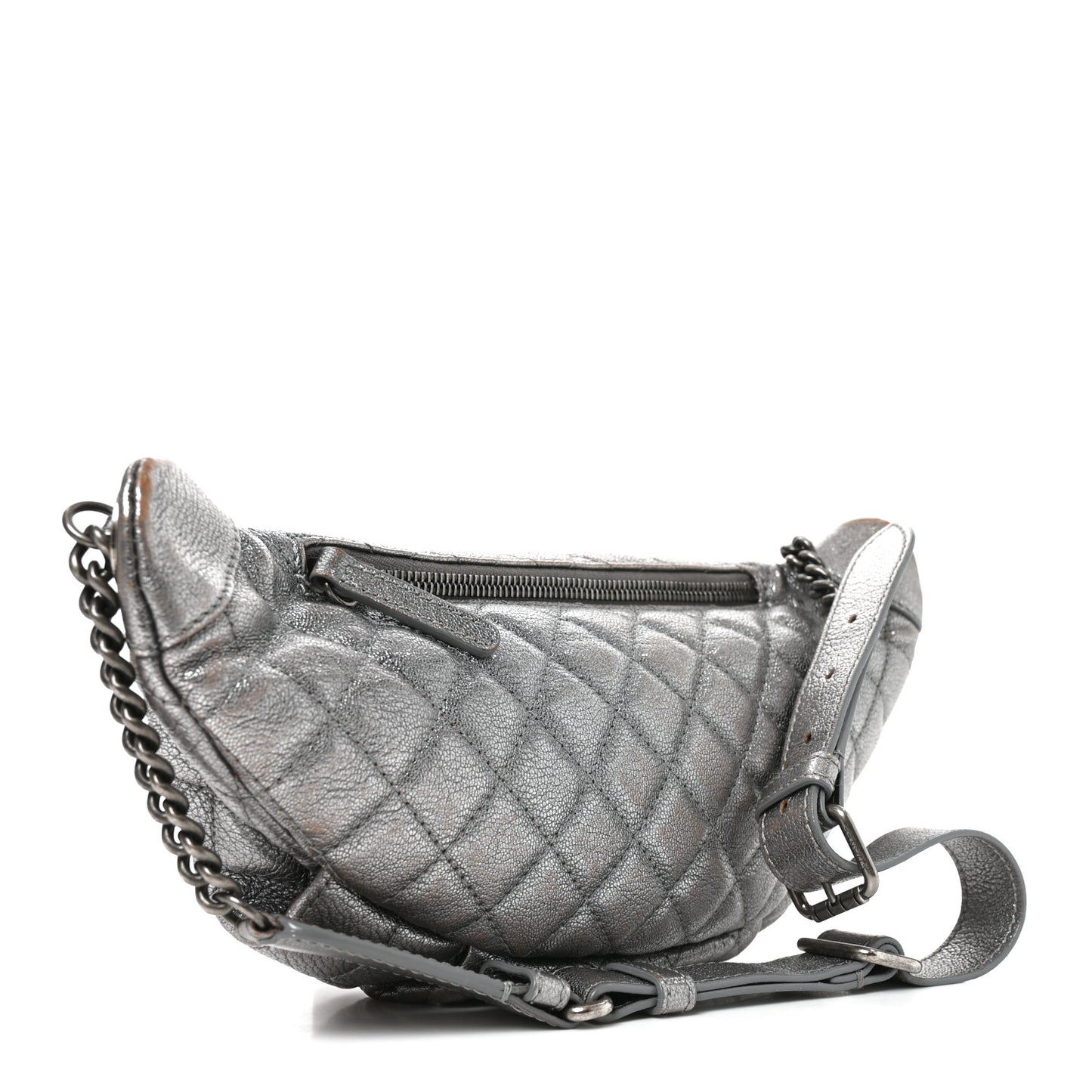 Metallic Goatskin Quilted Banane Waist Bag Fanny Pack Silver