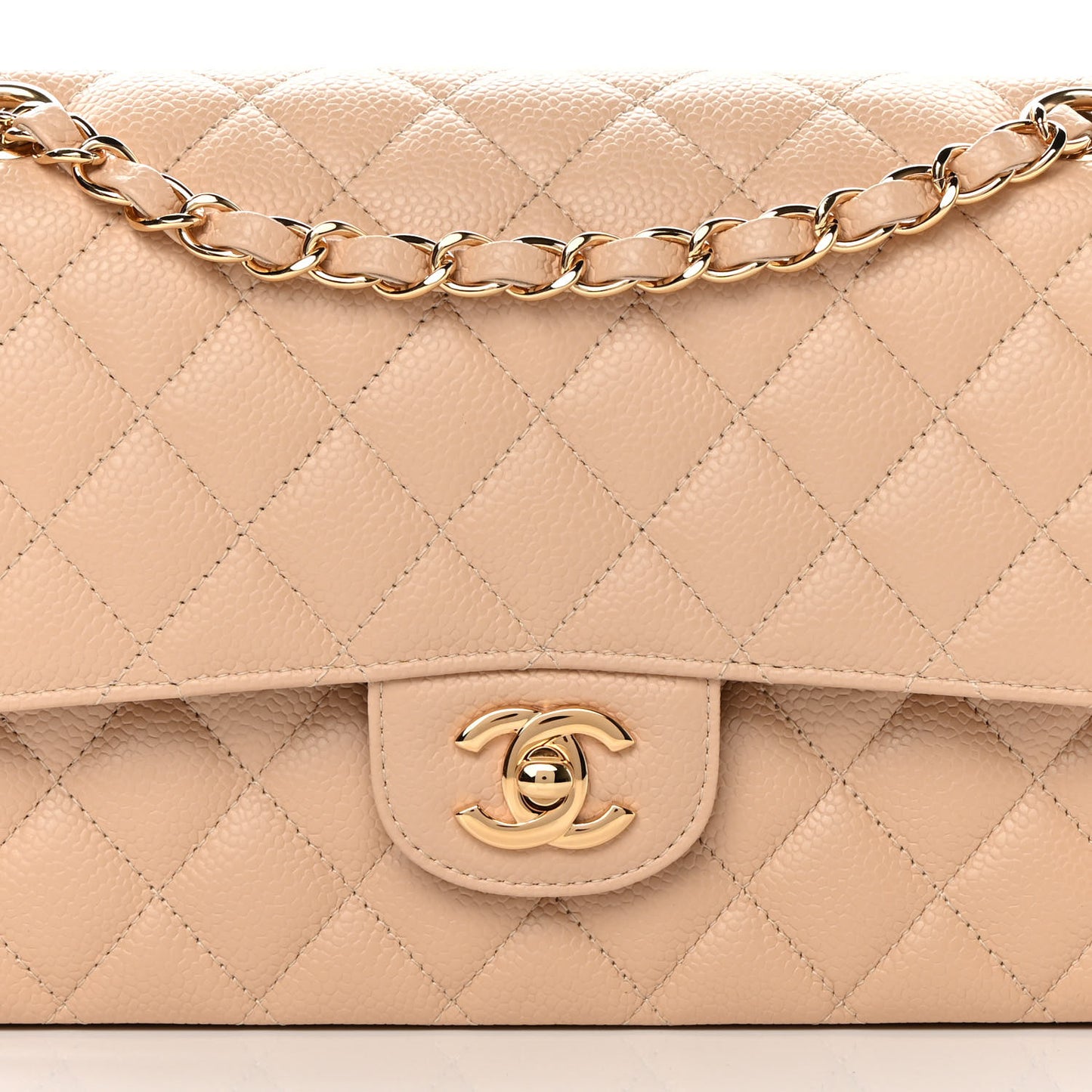 Caviar Quilted Medium Double Flap Beige