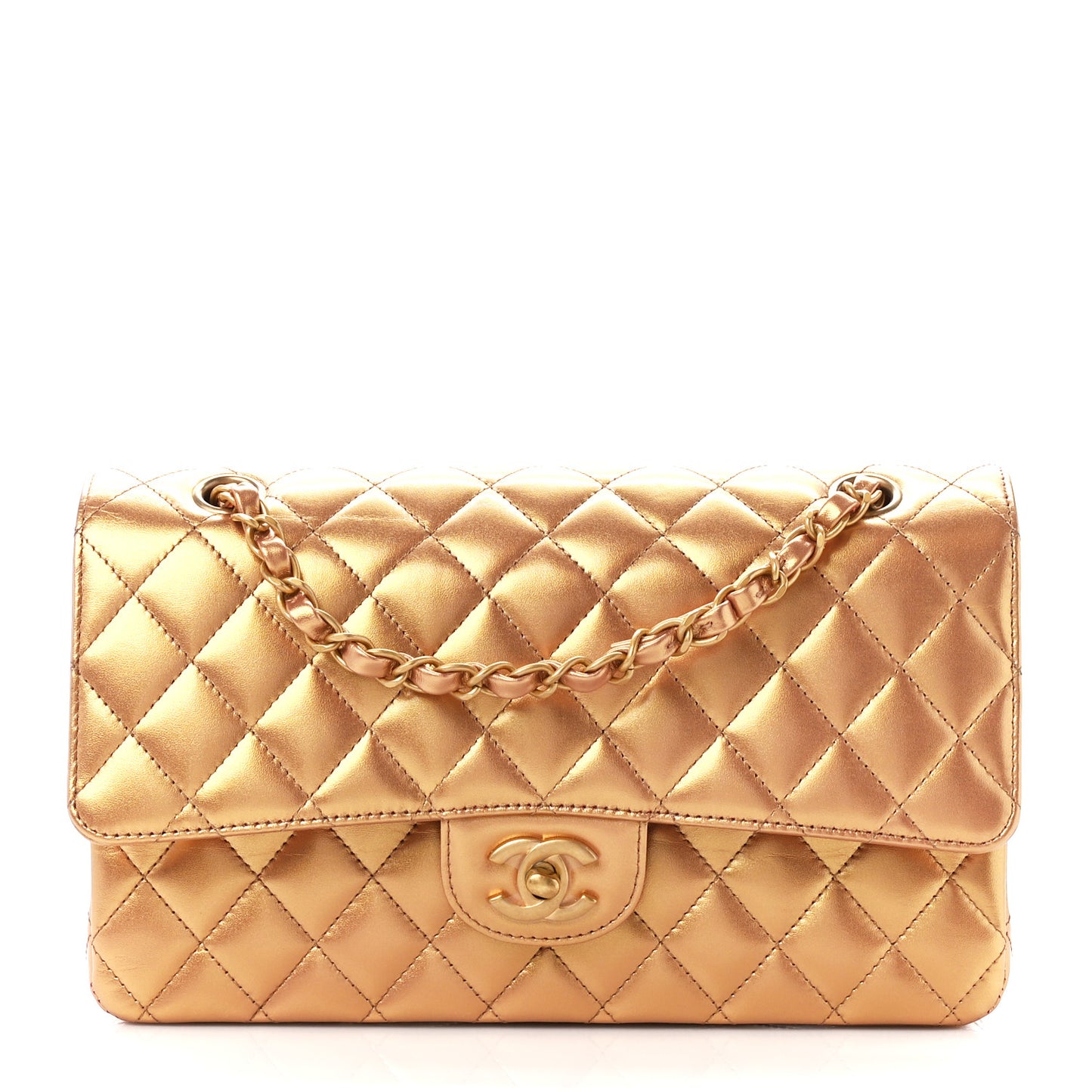 Metallic Lambskin Quilted Medium Double Flap Golden