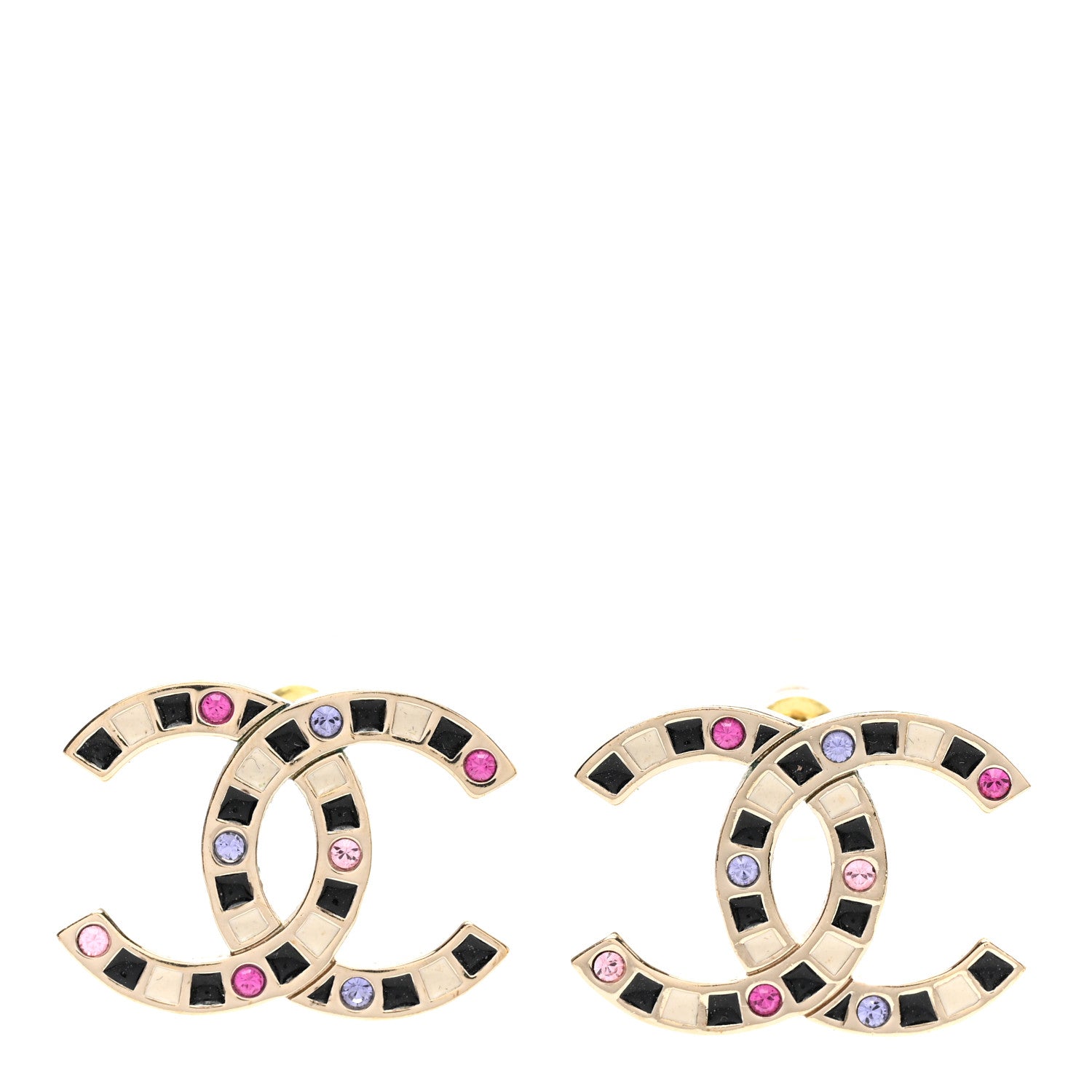 Chanel Crystal Enamel Large CC Earrings Gold Black White Pink 1 of 5