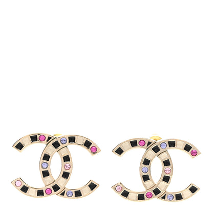 Chanel Crystal Enamel Large CC Earrings Gold Black White Pink 1 of 5