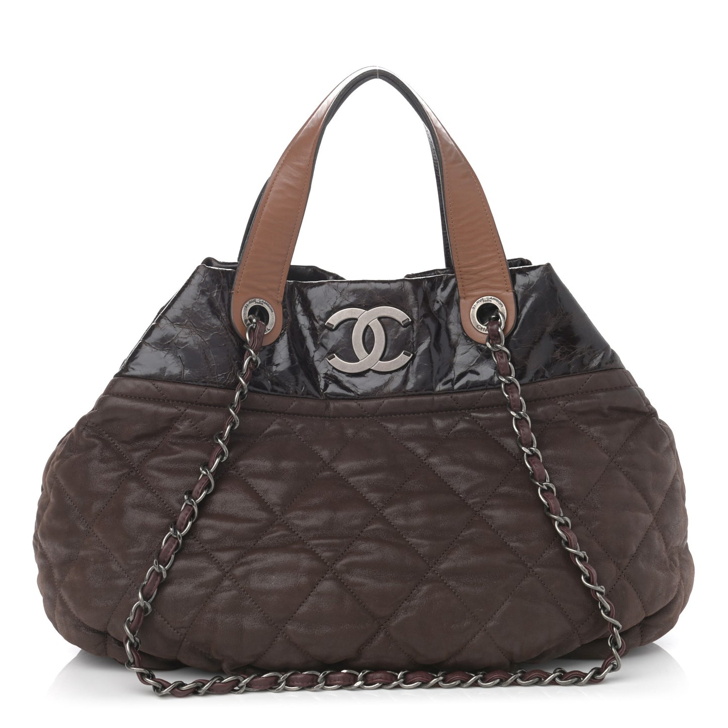 Iridescent Calfskin Quilted Large In The Mix Tote Dark Brown