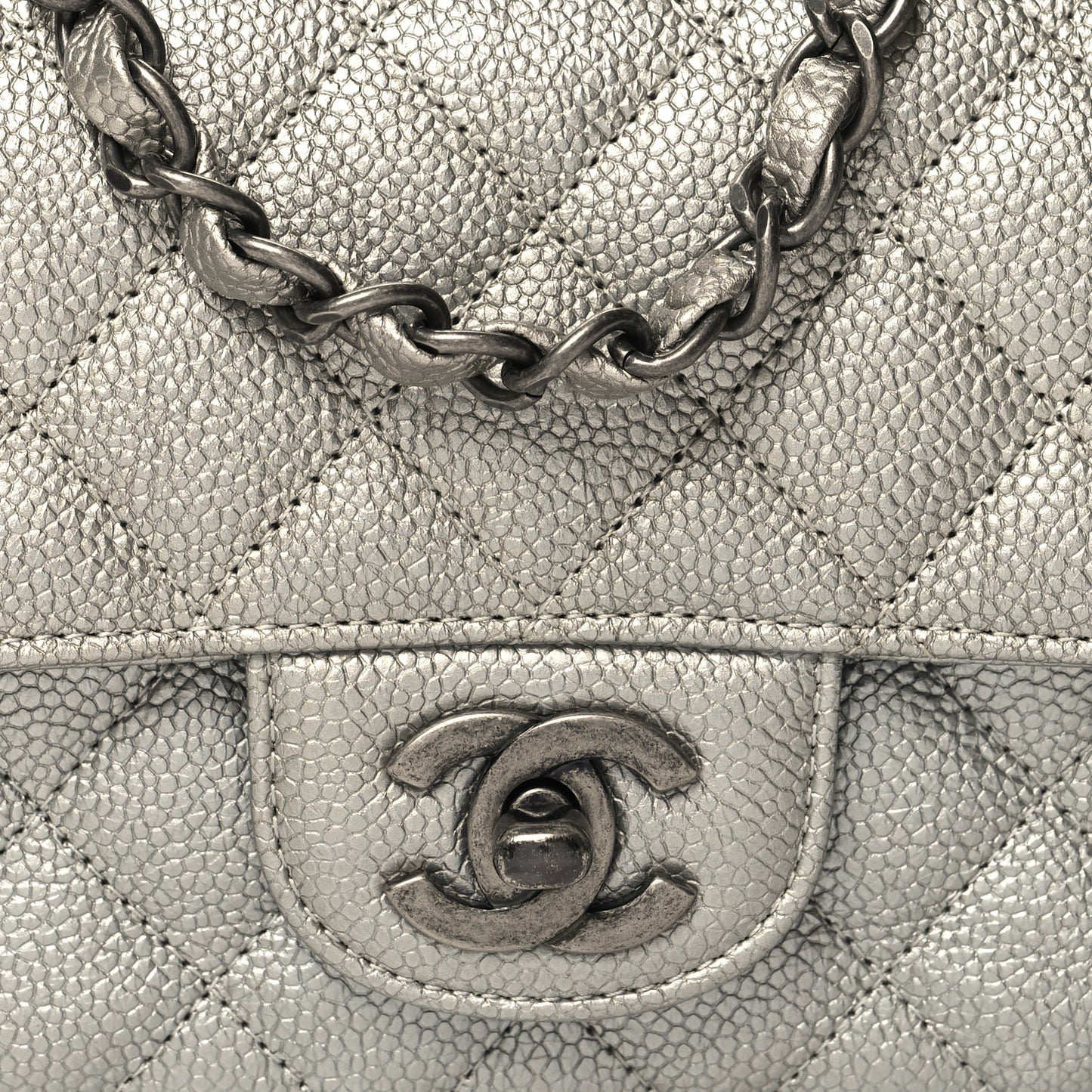 Metallic Caviar Quilted Mini Rectangular Flap Silver