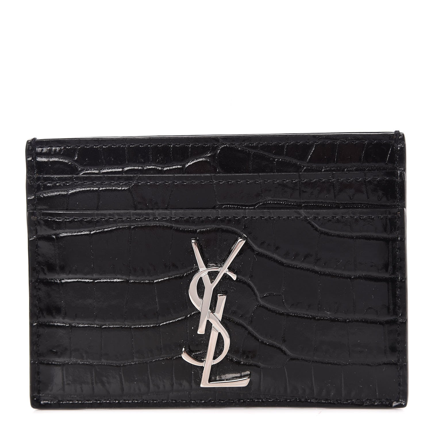 Saint Laurent Calfskin Crocodile Embossed Monogram Credit Card Case Black 1 of 8