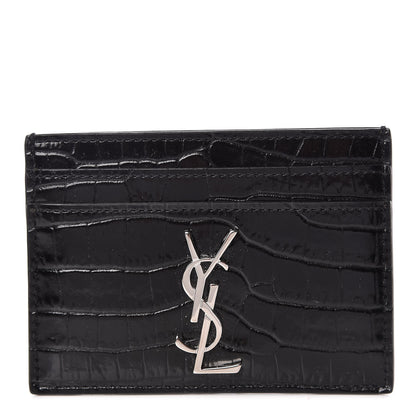 Saint Laurent Calfskin Crocodile Embossed Monogram Credit Card Case Black 1 of 8