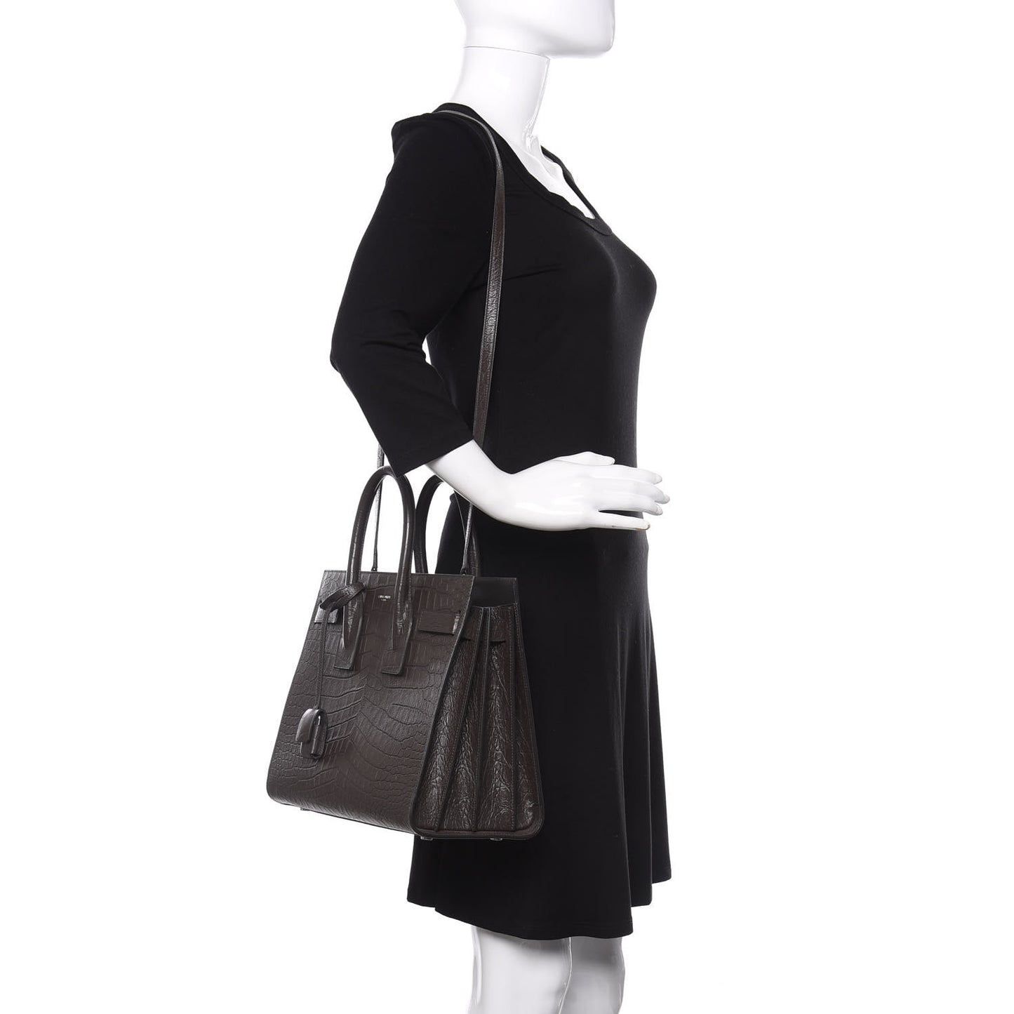 Calfskin Crocodile Embossed Small Sac De Jour Dark Brown