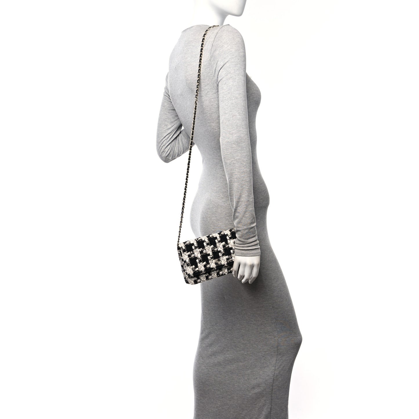 Tweed Quilted Wallet On Chain WOC Black Ecru White