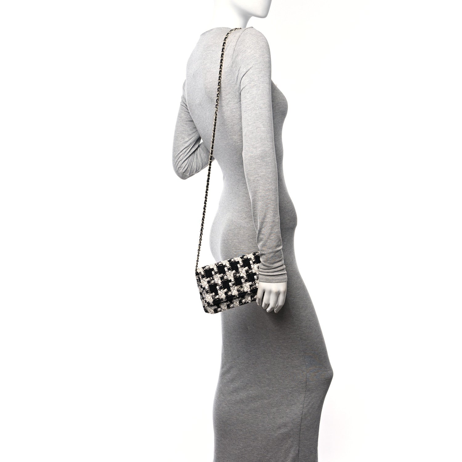 Chanel Tweed Quilted Wallet On Chain WOC Black Ecru White 2 of 12