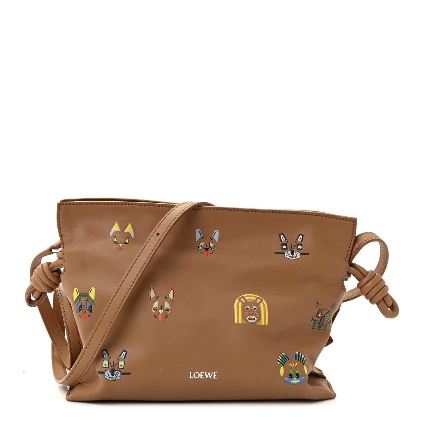 X Louis Wain Smooth Calfskin Futurist Cats Mini Flamenco Knot Clutch Mocha