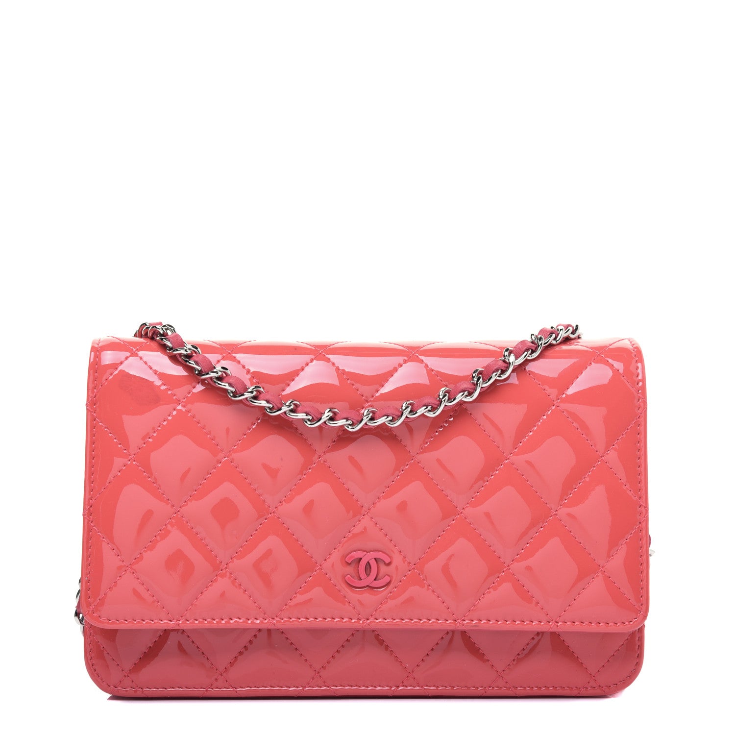 Chanel Patent Quilted Wallet On Chain WOC Coral 1 of 16