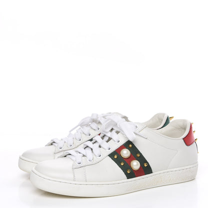 Gucci Calfskin Web Pearl Studded Womens Ace Sneakers 36.5 White 3 of 13