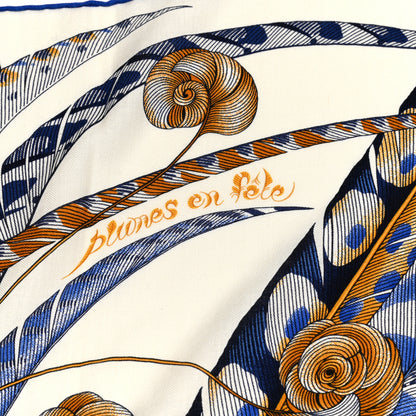 Hermes Cashmere Silk Plumes En Fete Shawl 140 White Bleu Gold 5 of 8