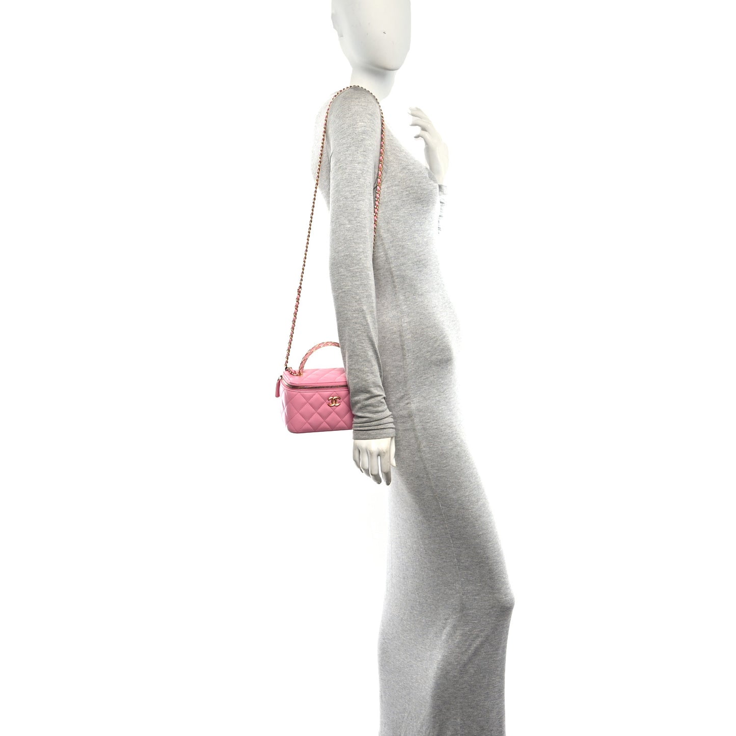 Lambskin Quilted Metal Twist Small Top Handle Vanity Case With Chain Pink