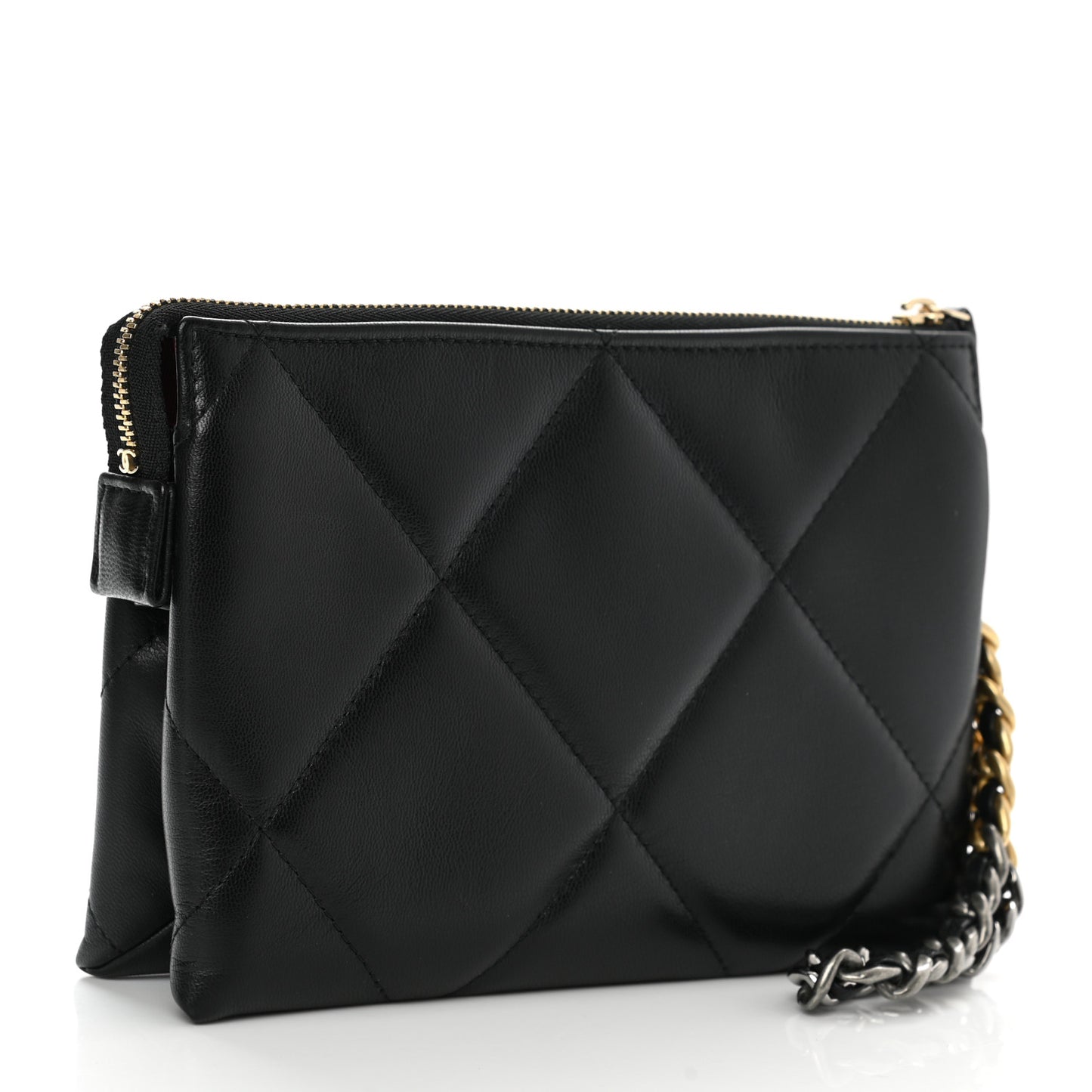 Shiny Goatskin Quilted Small Chanel 19 Pouch With Handle Black