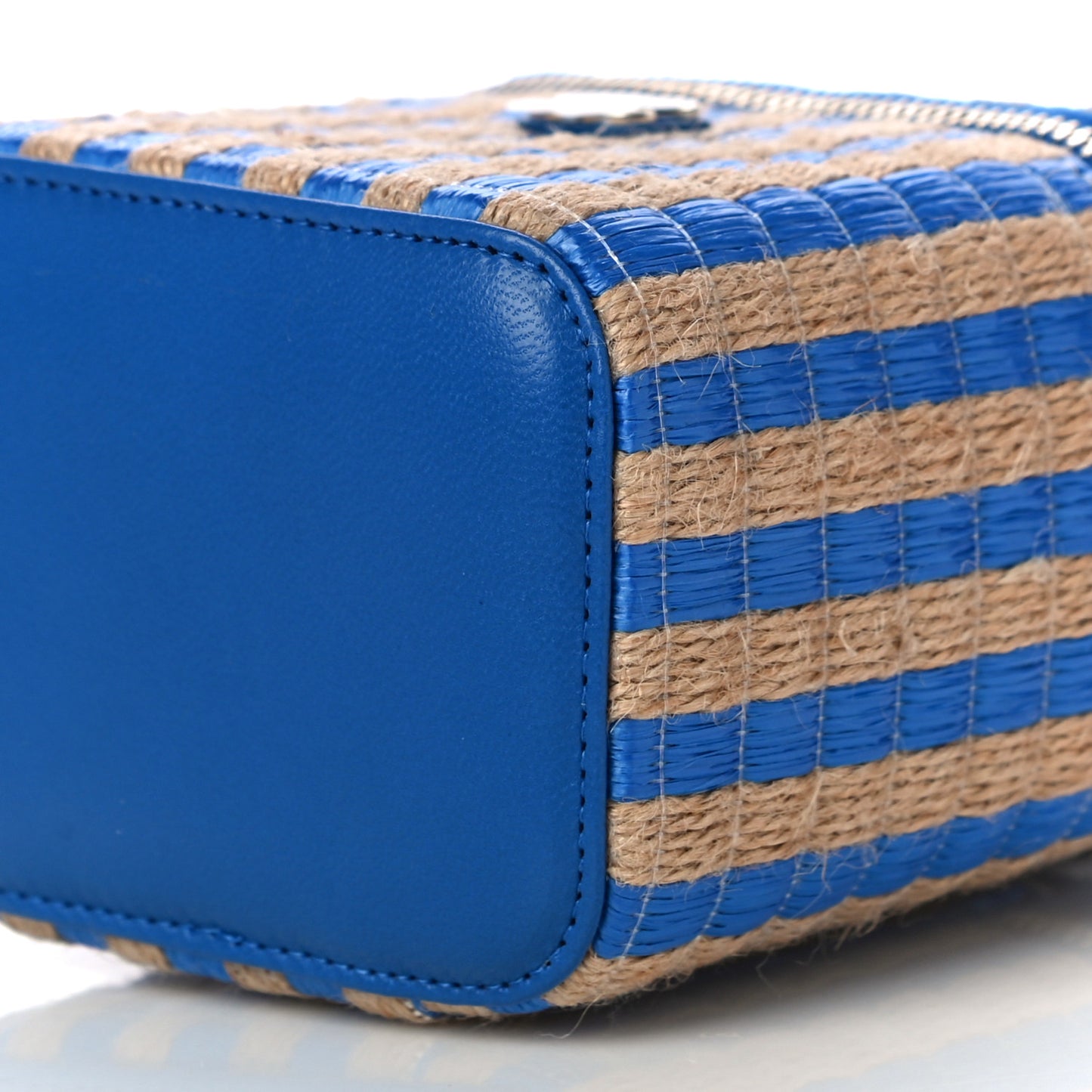 Raffia Jute Striped Mini Vanity Case With Chain Blue Beige