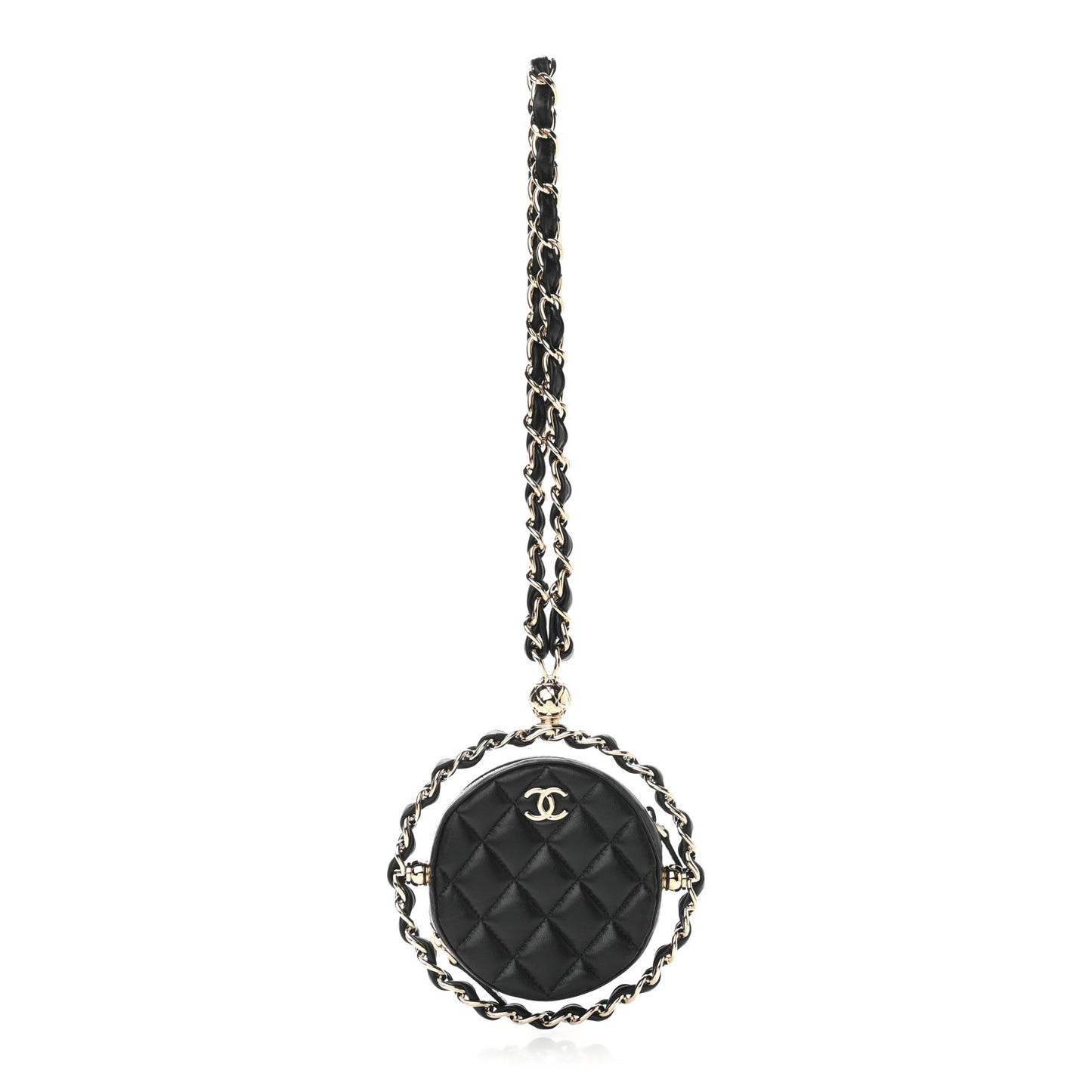 Lambskin Quilted Chain Round Mini Clutch Black