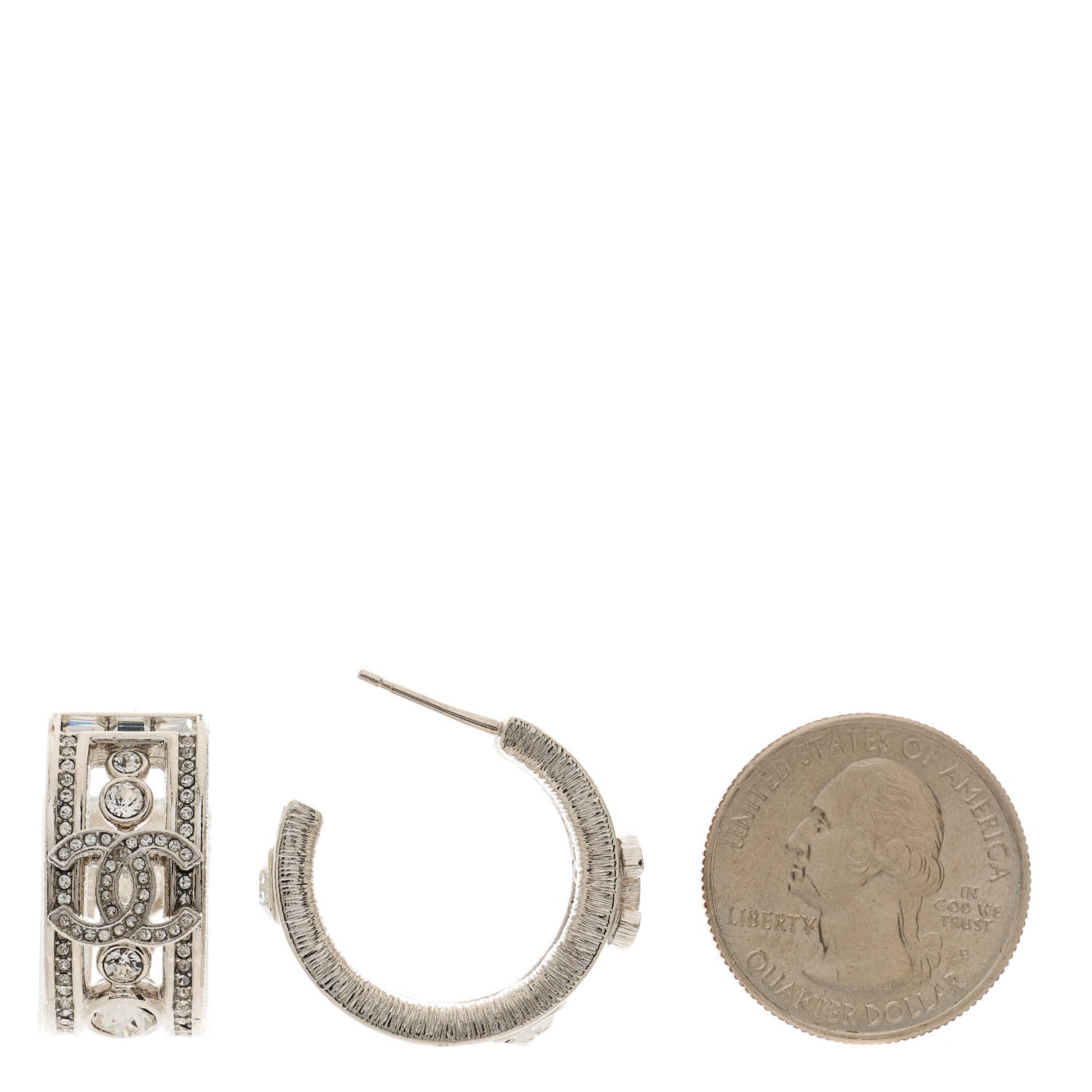 Chanel Metal Crystal CC Hoop Earrings Silver 2 of 5