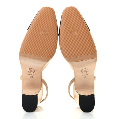 Chanel Lambskin Grosgrain Cap Toe CC Slingback Pumps 36 Beige Black 5 of 11