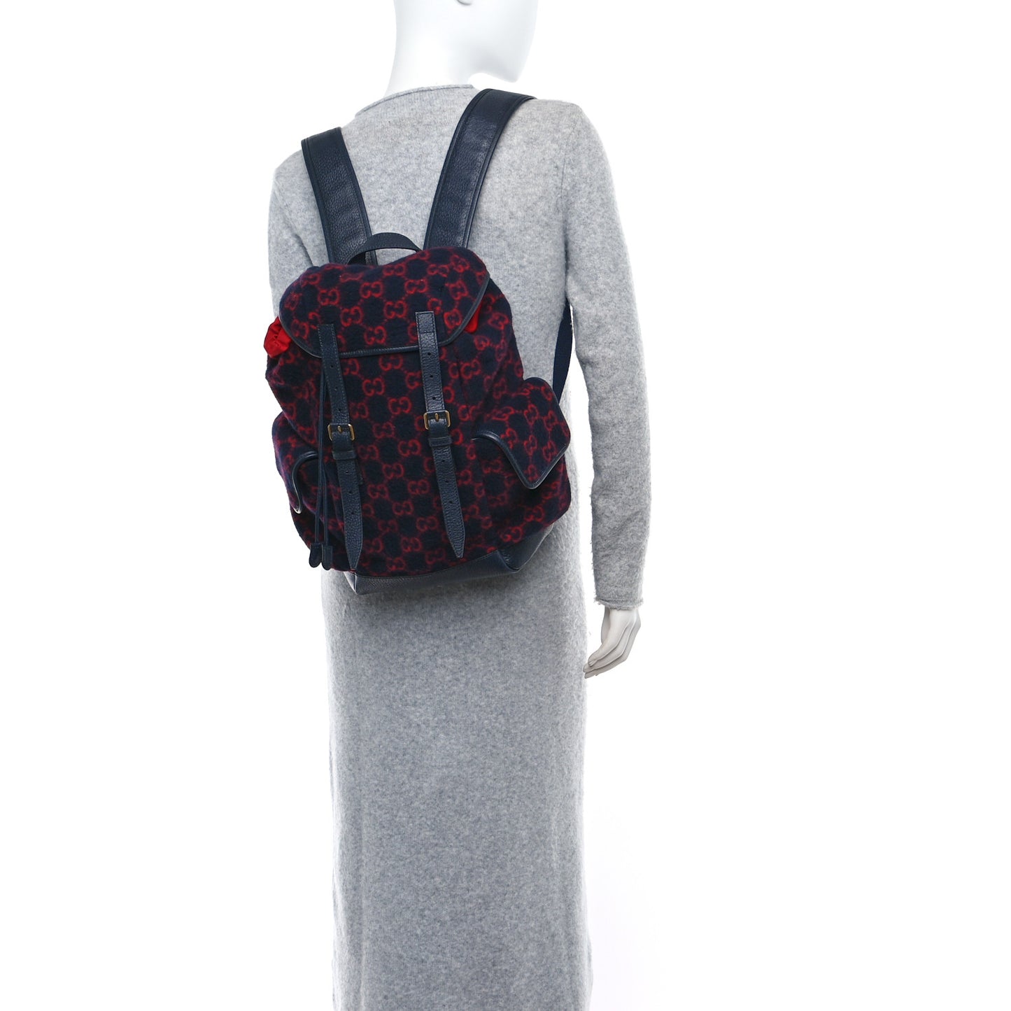Covered Wool GG Monogram Small Double Buckle Backpack Navy Red