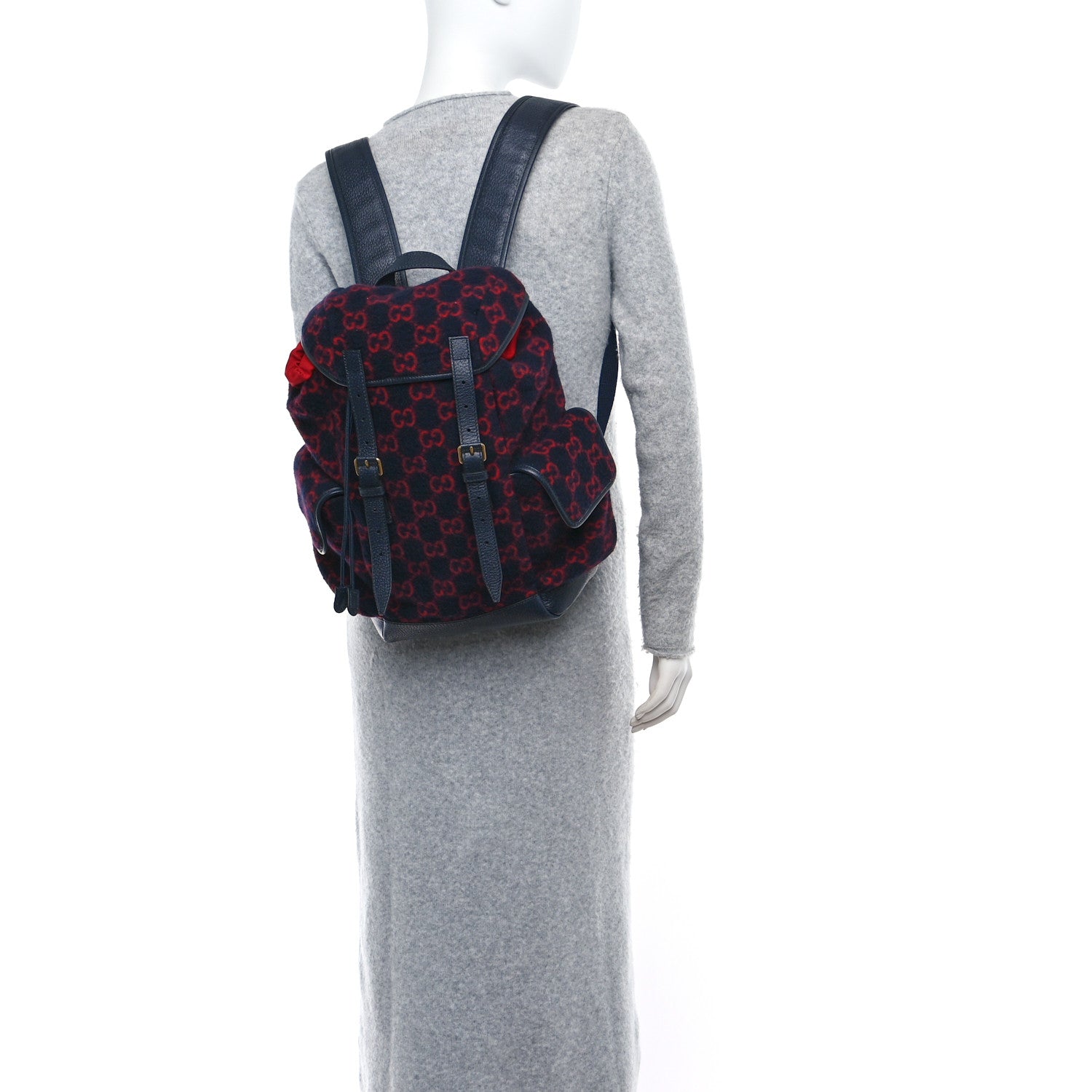 Gucci Covered Wool GG Monogram Small Double Buckle Backpack Navy Red 3 of 9