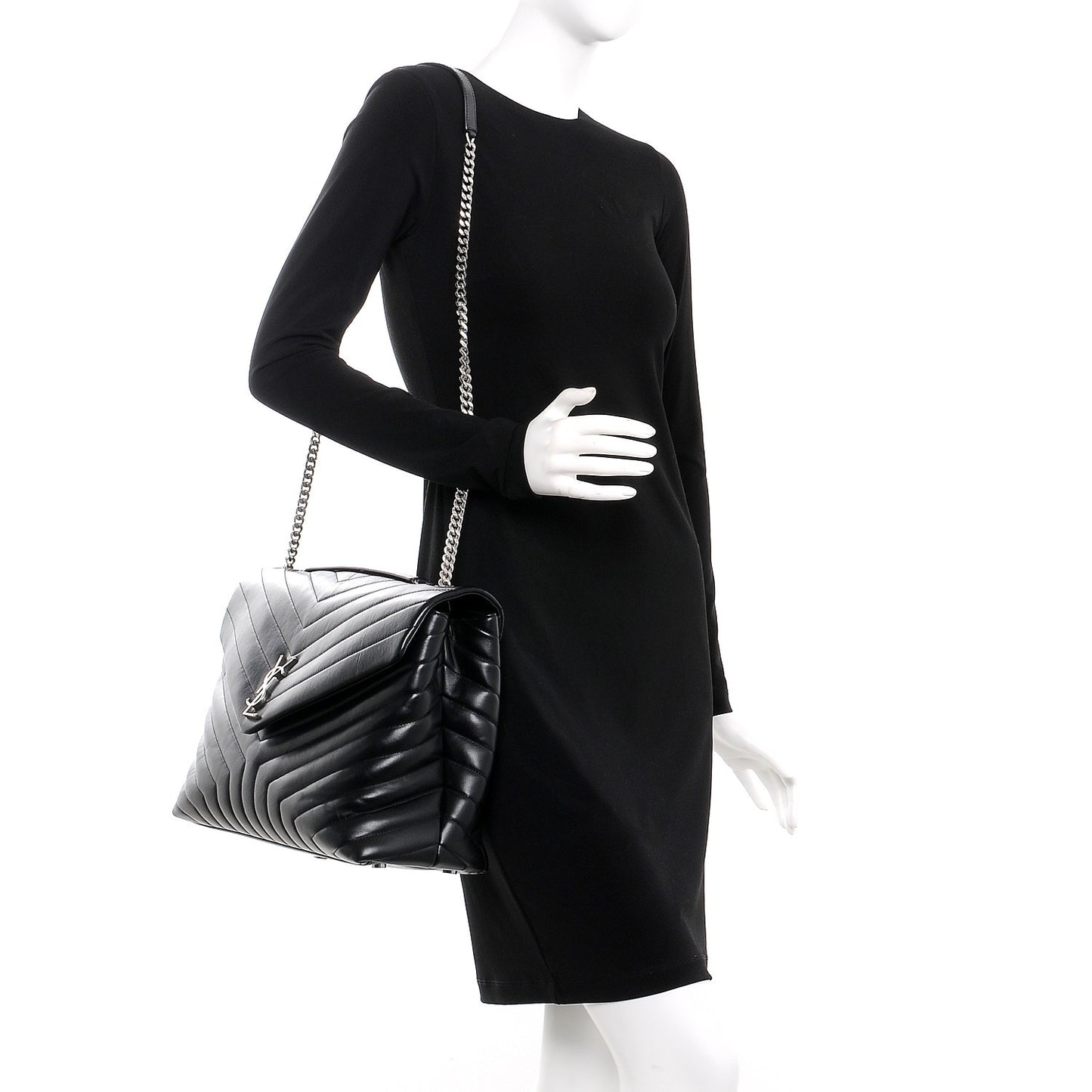 Calfskin Y Quilted Monogram Large Loulou Chain Satchel Black