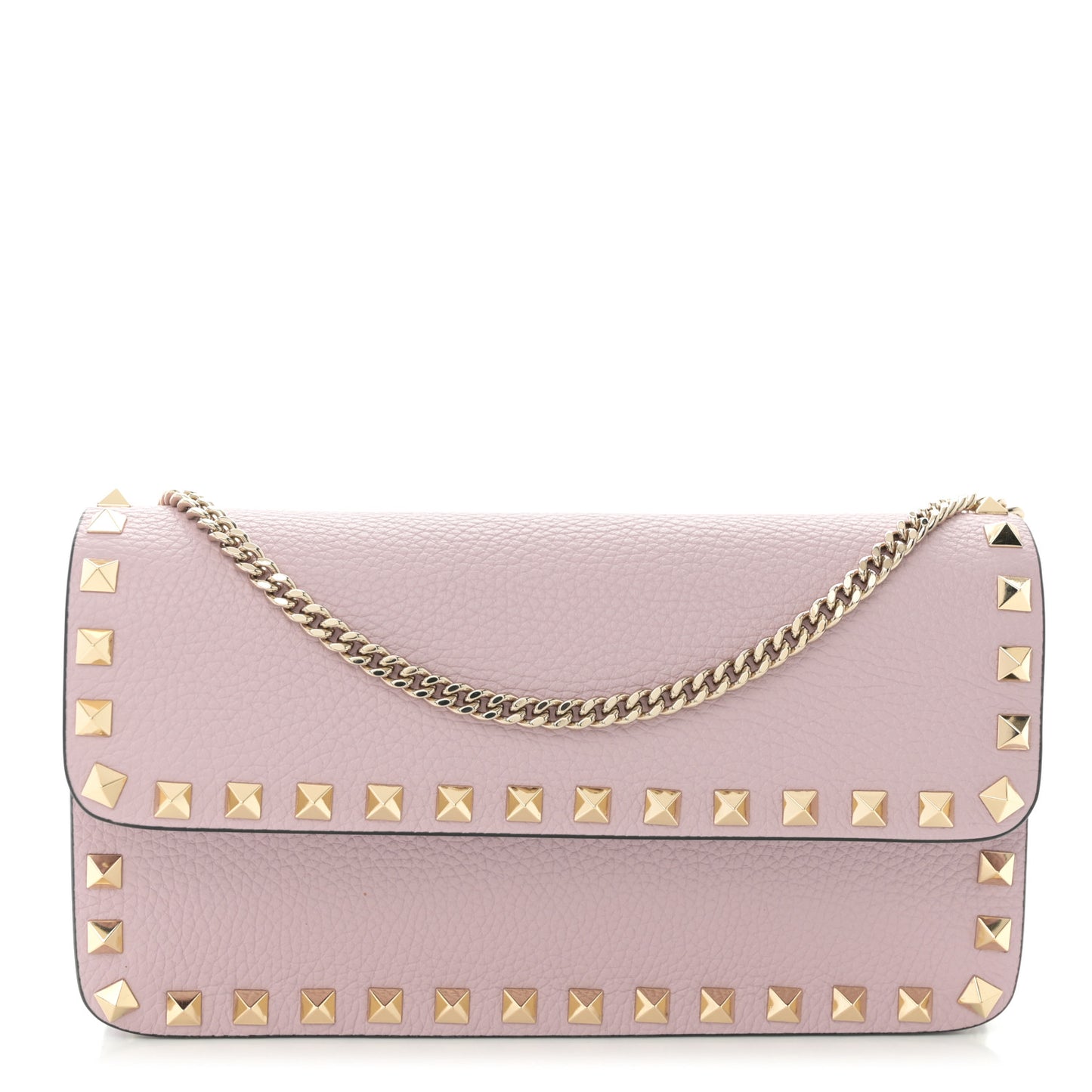Pebbled Calfskin Rockstud Flap Wallet On Chain Water Lilac