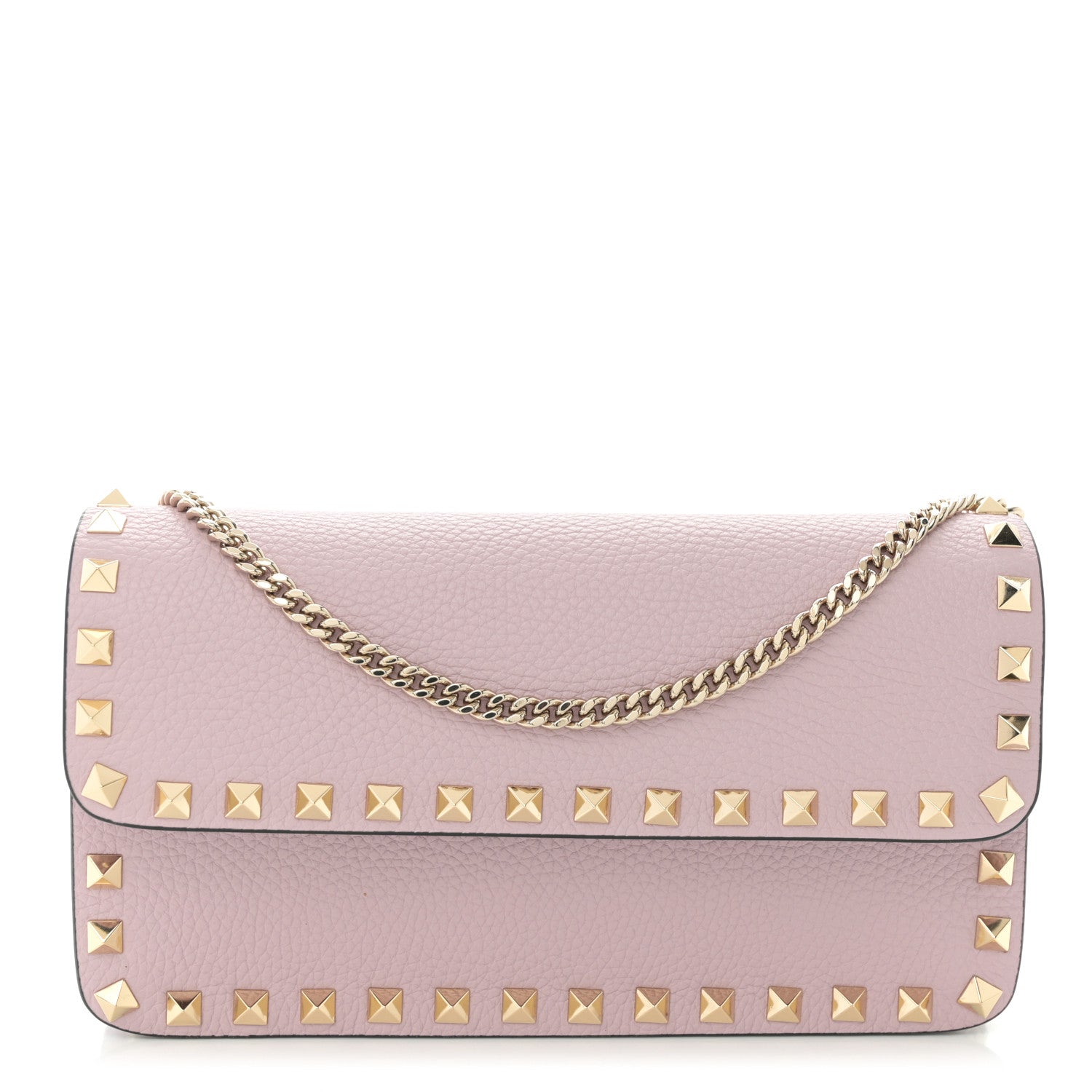 Valentino Garavani Pebbled Calfskin Rockstud Flap Wallet On Chain Water Lilac 1 of 9