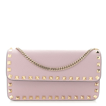 Valentino Garavani Pebbled Calfskin Rockstud Flap Wallet On Chain Water Lilac 1 of 9
