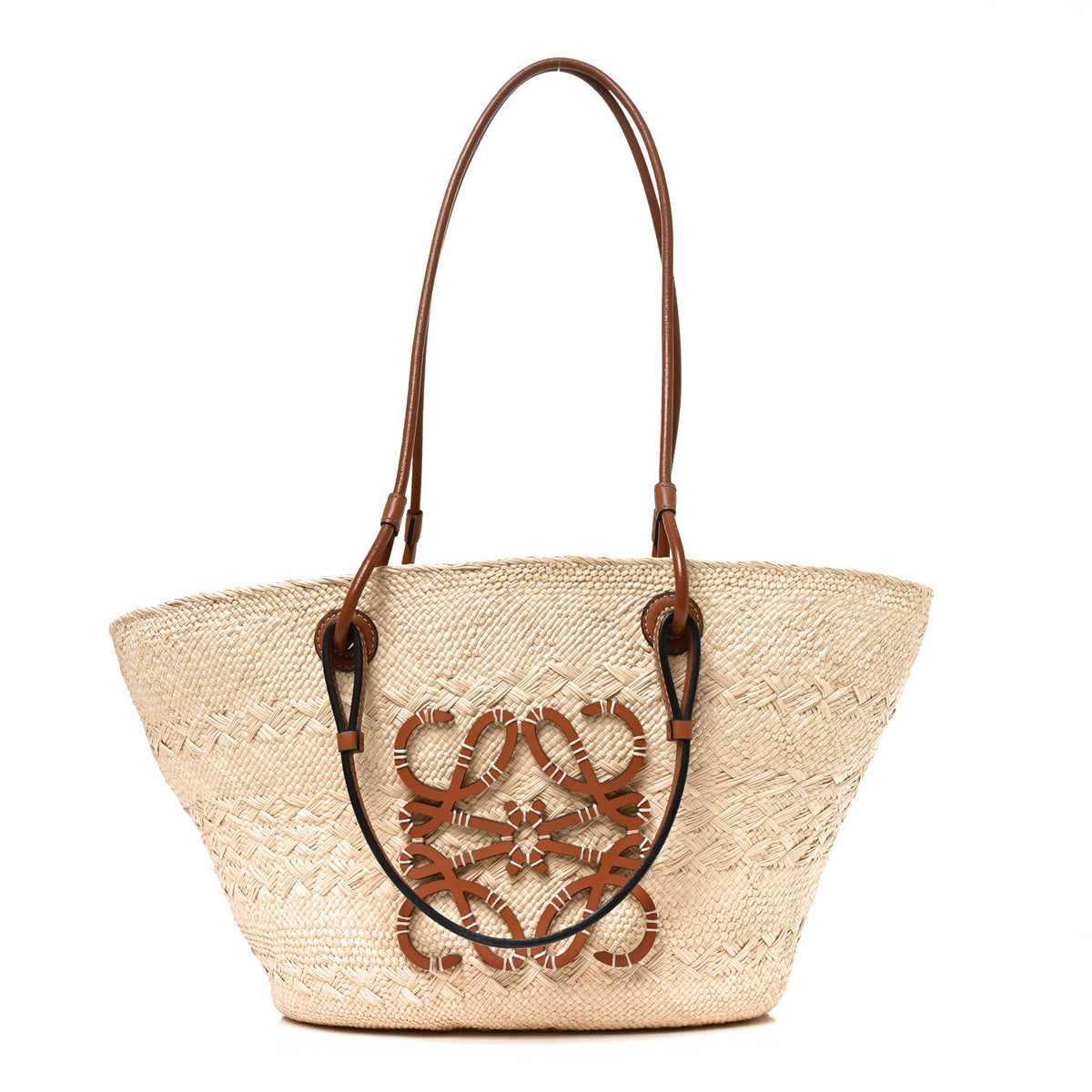 Calfskin Raffia Paulas Ibiza Medium Anagram Basket Tote Bag Natural Tan