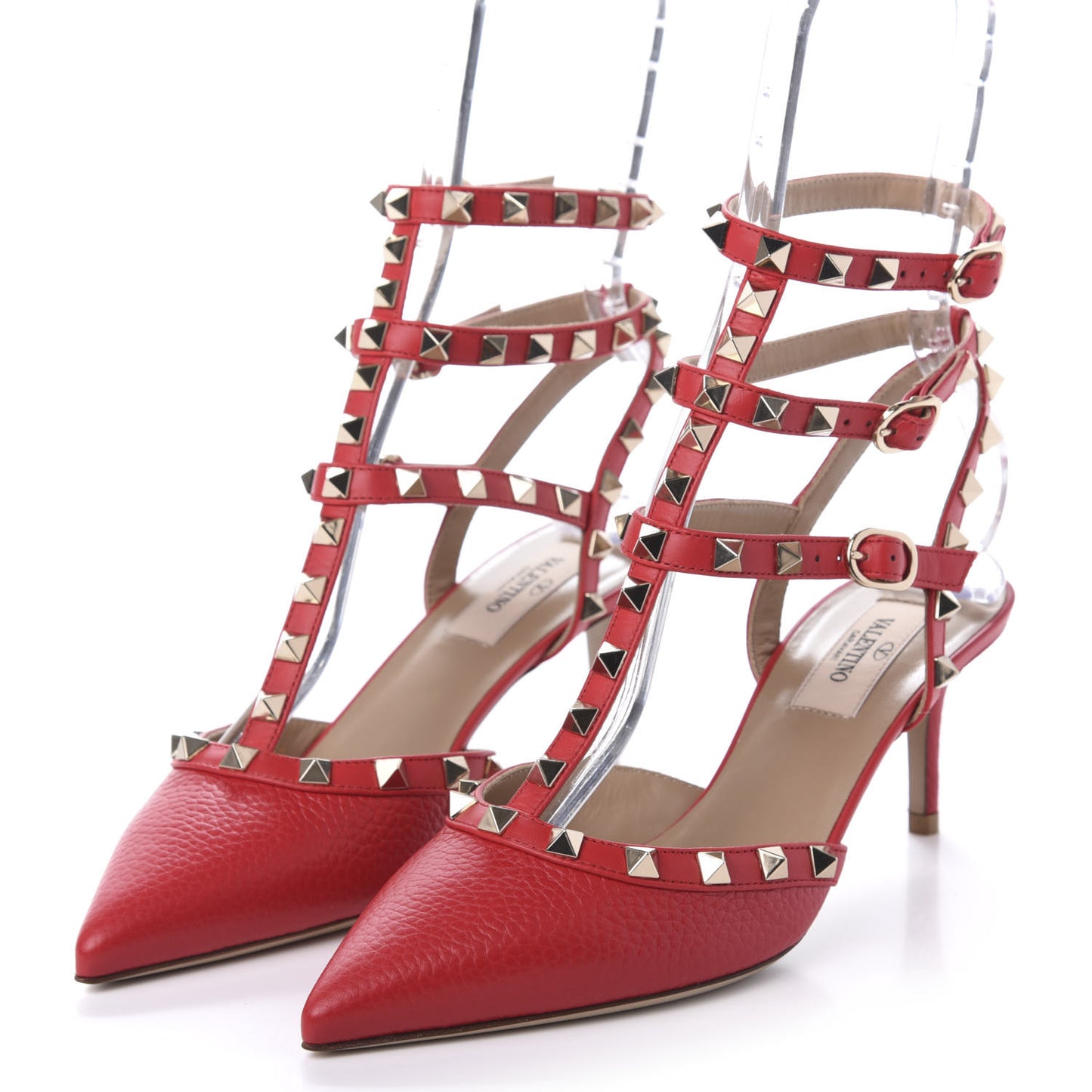 Pebbled Calfskin Rockstud Ankle Strap Low Heel Pumps 37 Rosso