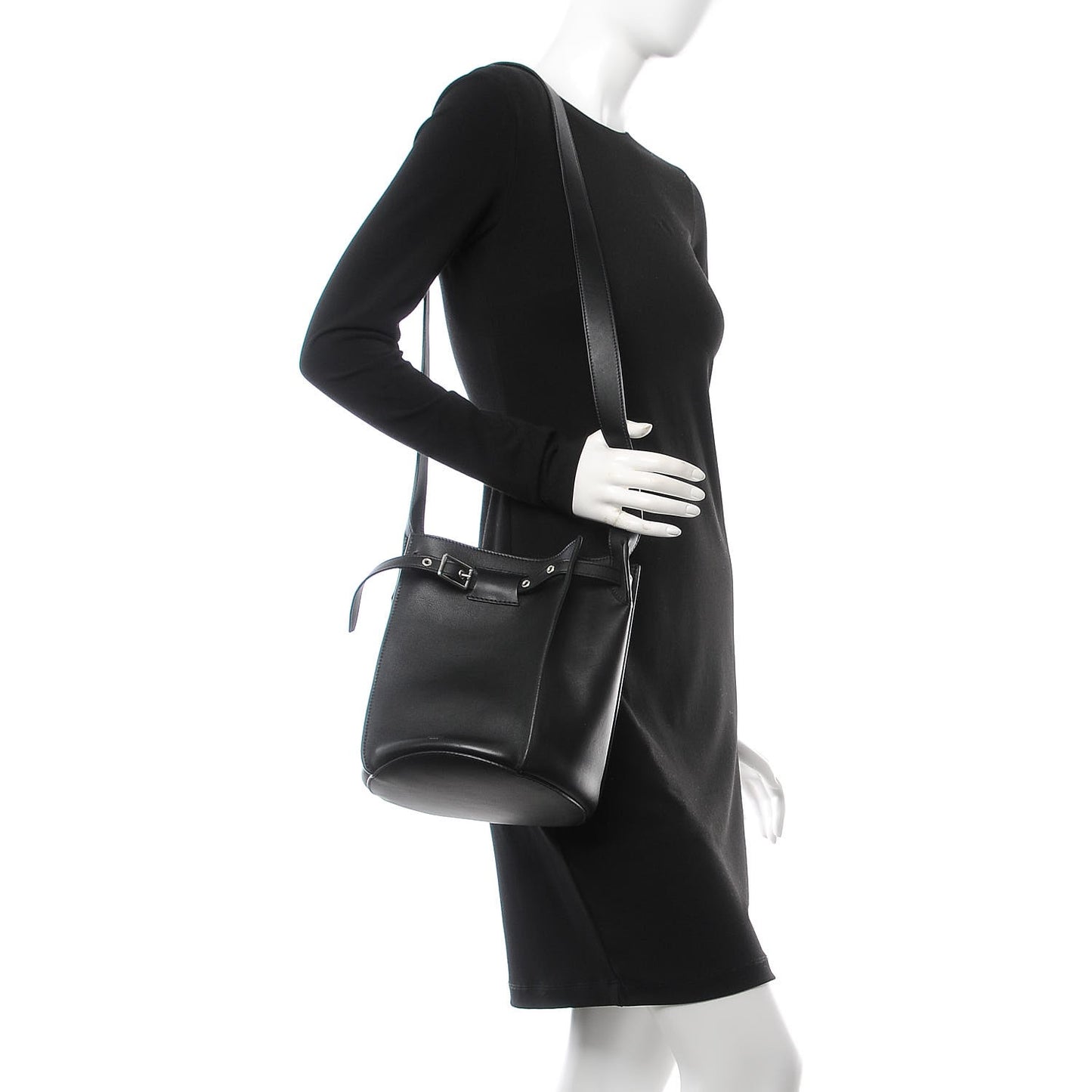 Smooth Calfskin Long Strap Big Bucket Bag Black