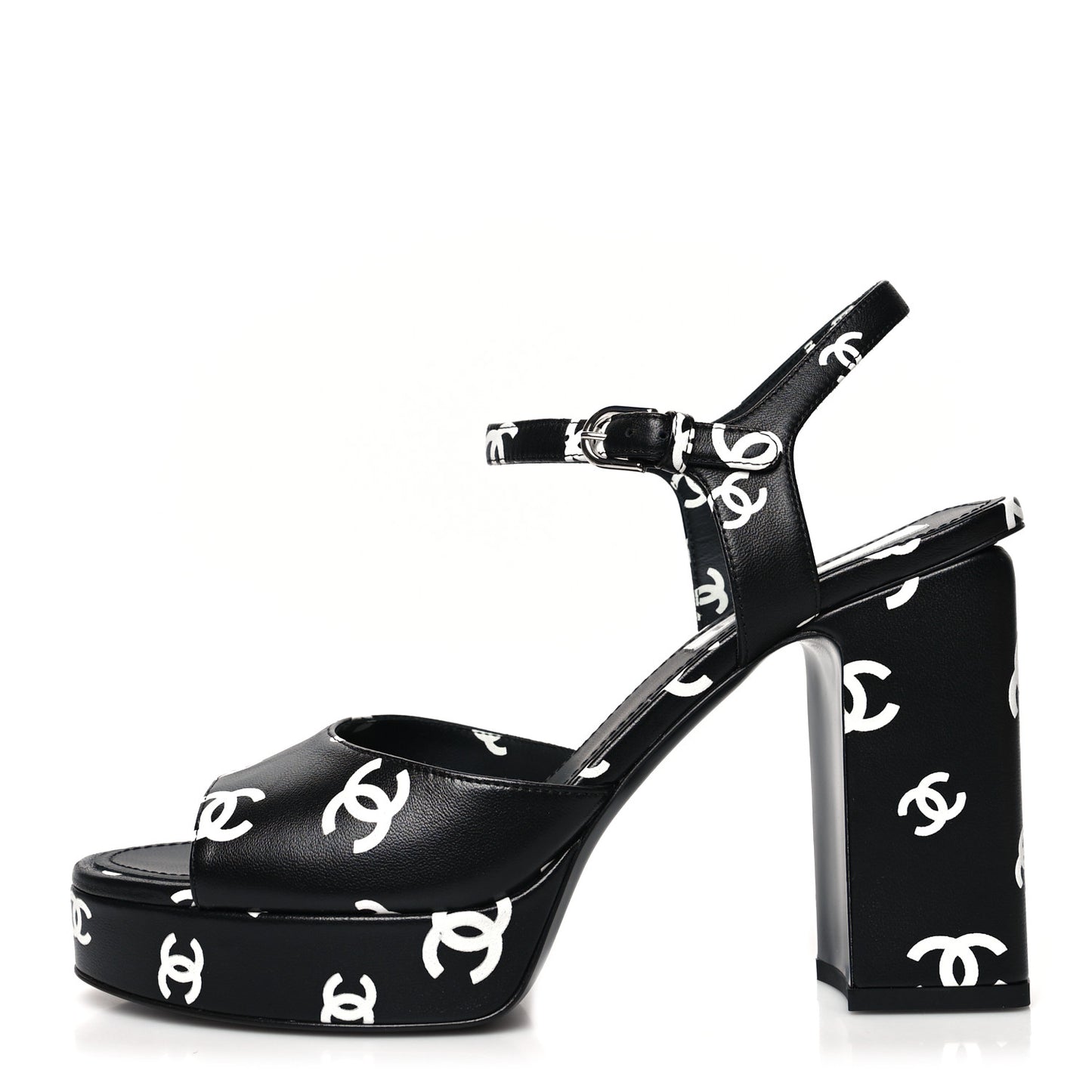 Printed Lambskin CC Platform Sandals 40 Black White