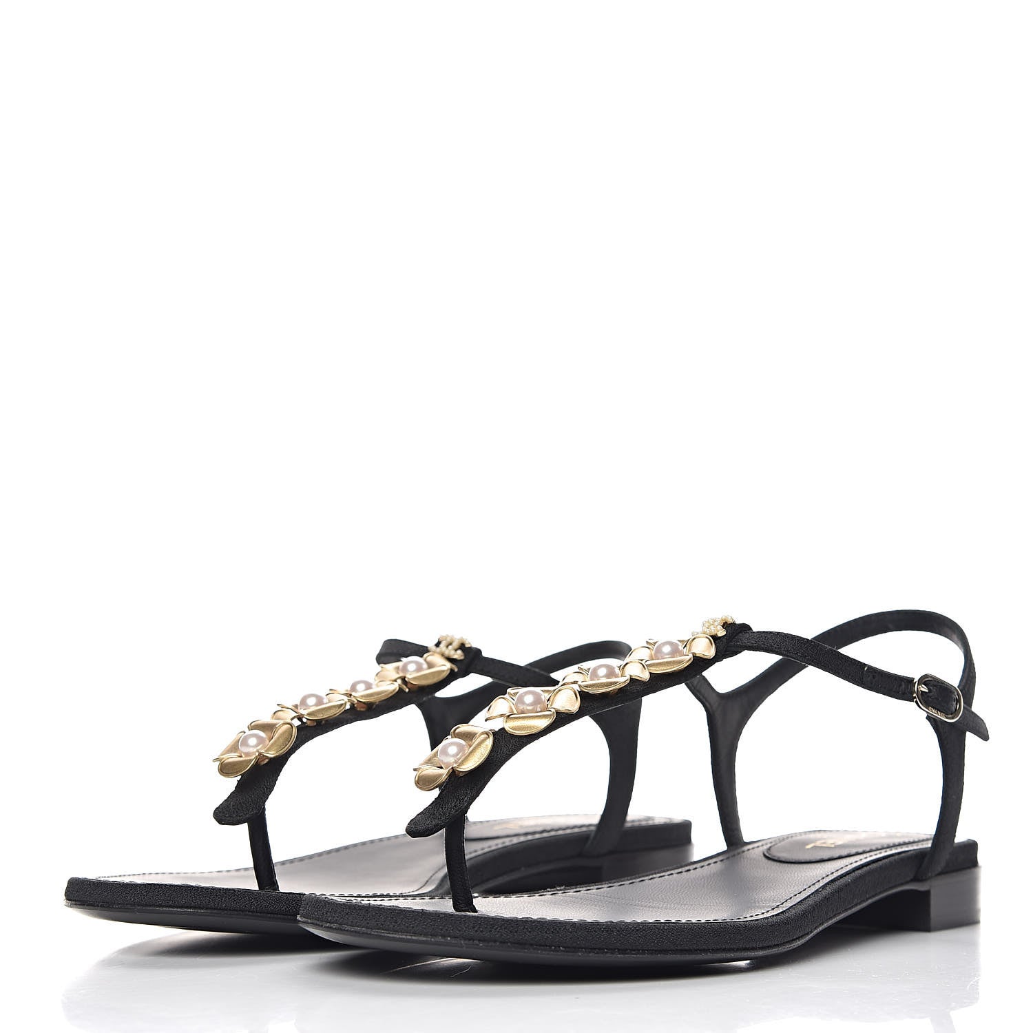Chanel Fabric Pearl Camellia Thong Sandals 36 Black 3 of 12