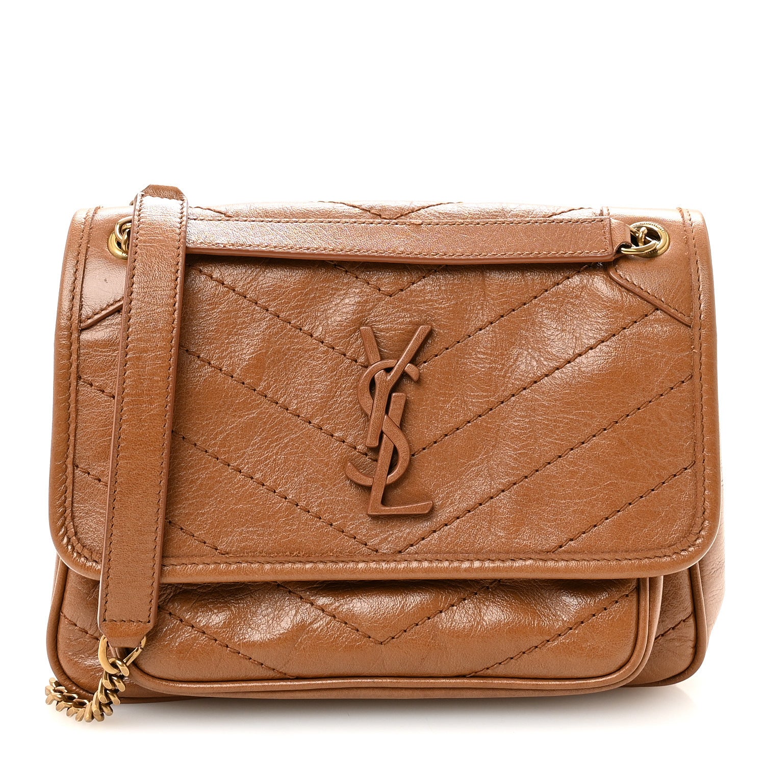Saint Laurent Crinkled Calfskin Matelasse Monogram Baby Niki Chain Satchel Light Caramel 1 of 9