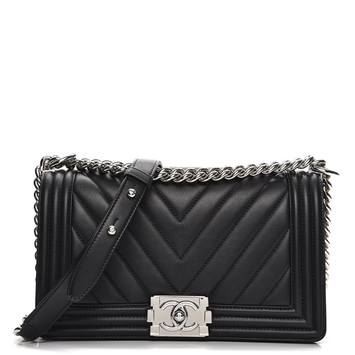 Calfskin Chevron Quilted Medium Boy Flap Black