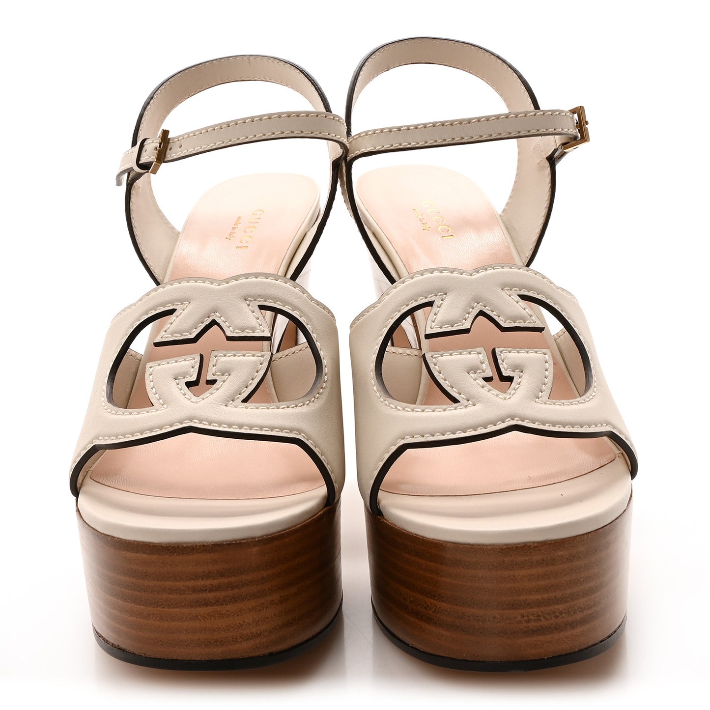 Cosmos Softy Calfskin Wooden Interlocking G Cut-Out 30/120mm Platform Sandals 40 Mystic White