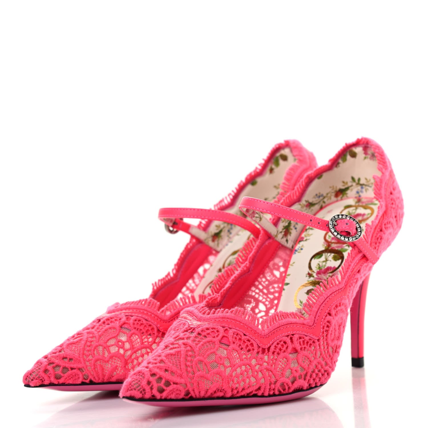 Gucci Lace Pizzo Venice Pumps 35 Fuxia Fluo Mystic White 3 of 8