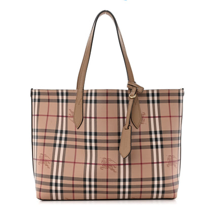 Burberry Grainy Calfskin Haymarket Check Medium Reversible Tote Camel 3 of 18