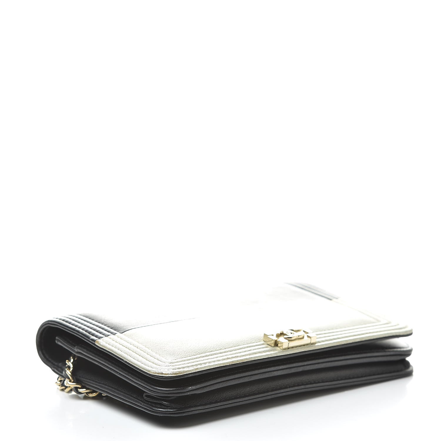 Chanel Metallic Goatskin Lambskin Boy Wallet on Chain WOC Black Gold 4 of 14