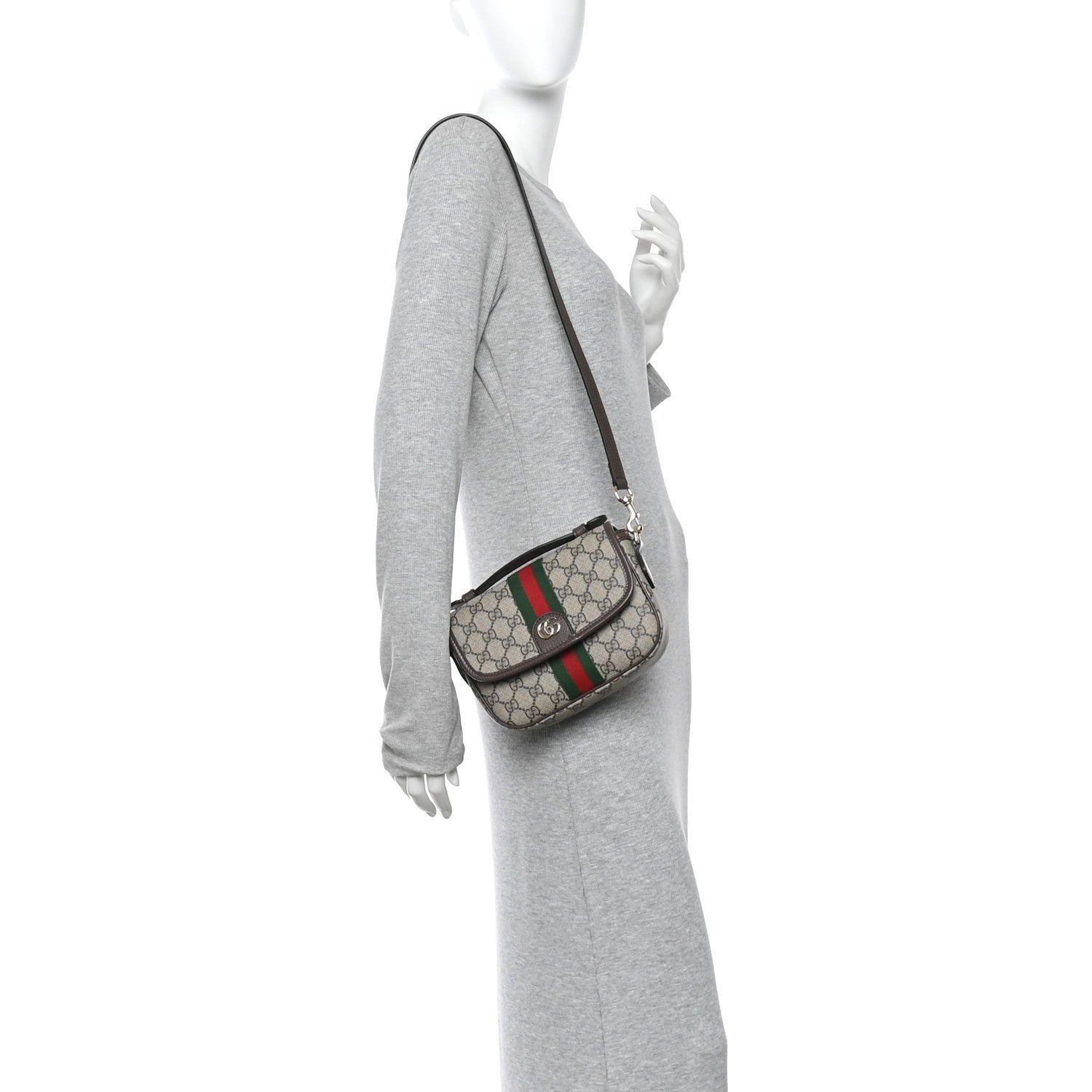 Gucci GG Supreme Monogram Textured Dollar Calfskin Small Ophidia Top Handle Shoulder Bag Beige Brown 2 of 12