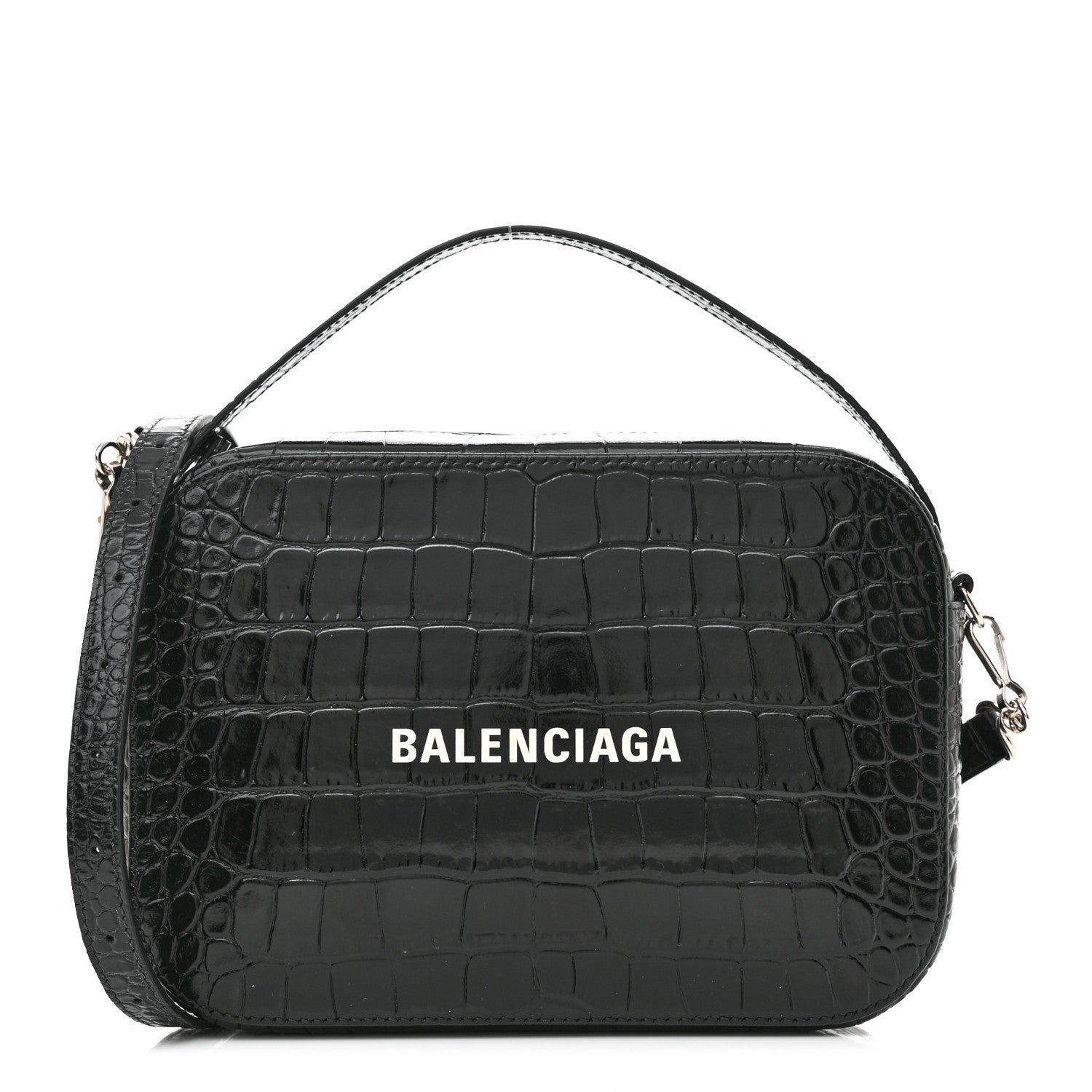 Balenciaga Shiny Calfskin Logo Crocodile Embossed S Everyday Camera Bag with Handle Black 1 of 13