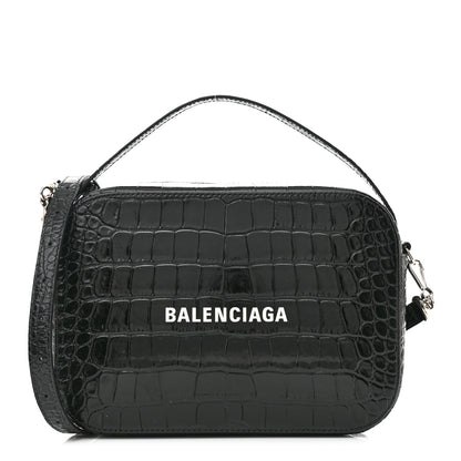 Balenciaga Shiny Calfskin Logo Crocodile Embossed S Everyday Camera Bag with Handle Black 1 of 13