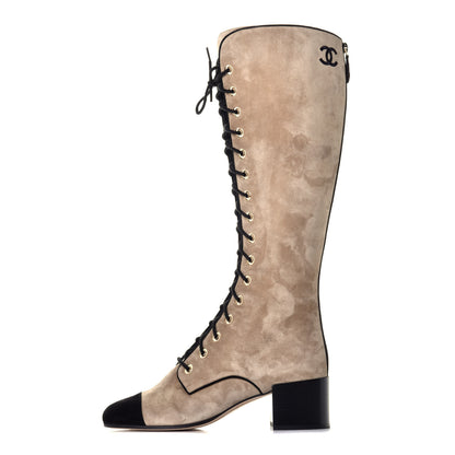 Chanel Suede Calfskin Trocadero Knee High Boots 39.5 Beige Black 1 of 7